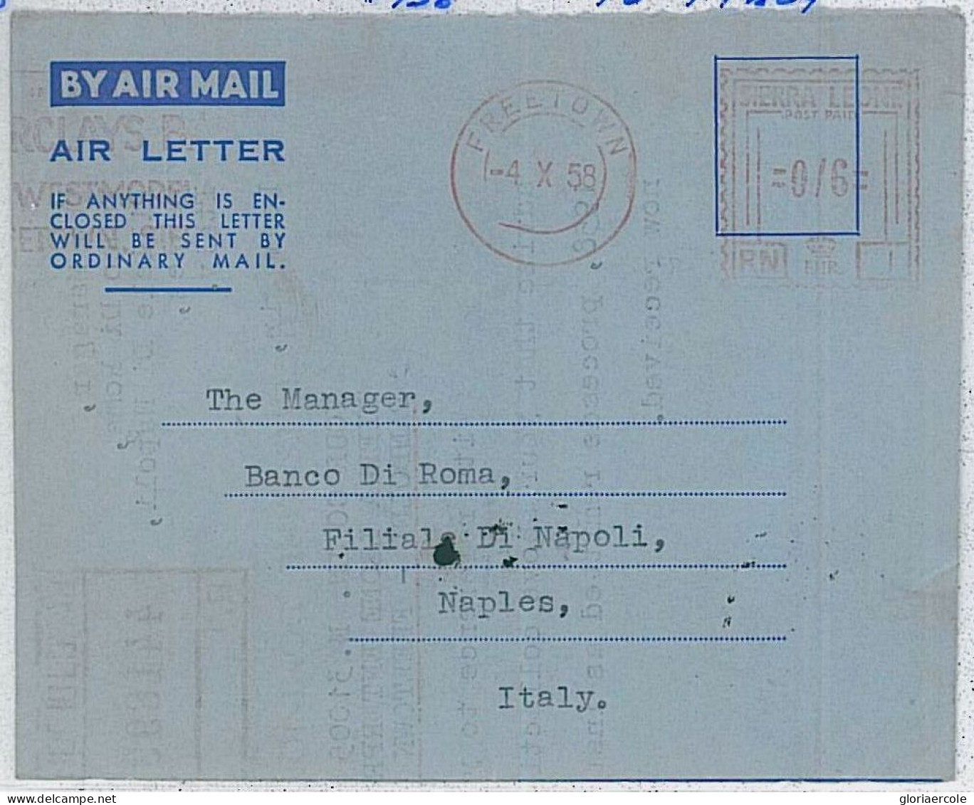 36357  - SIERRA LEONE - Postal History -   AEROGRAMME To ITALY 1958 - Sierra Leone (...-1960)
