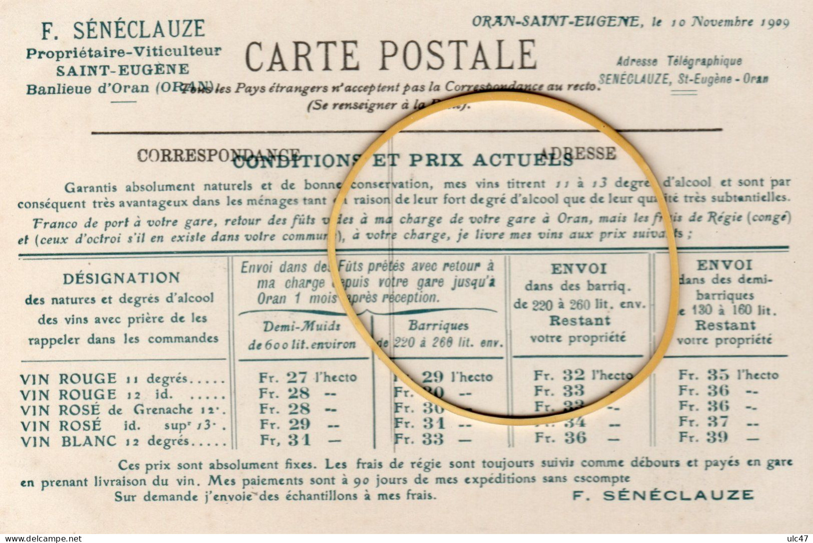 - F. SENECLAUZE. Propriétaire-Viticulteur. SAINT-EUGENE. Banlieue D'Oran (ORAN). Scan Verso - La Prière Au Désert - - Mercanti