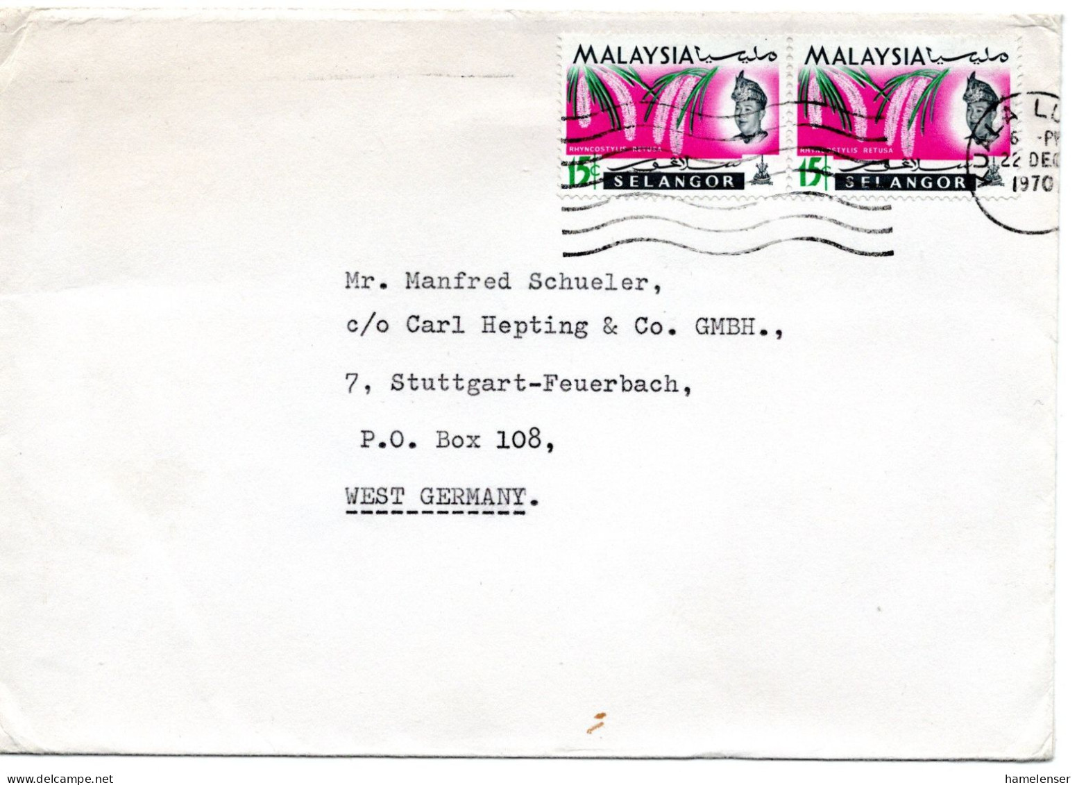 61112 - Malaysia / Selangor - 1970 - 2@15c Blume A Bf KUALA LUMPUR -> Westdeutschland - Malasia (1964-...)