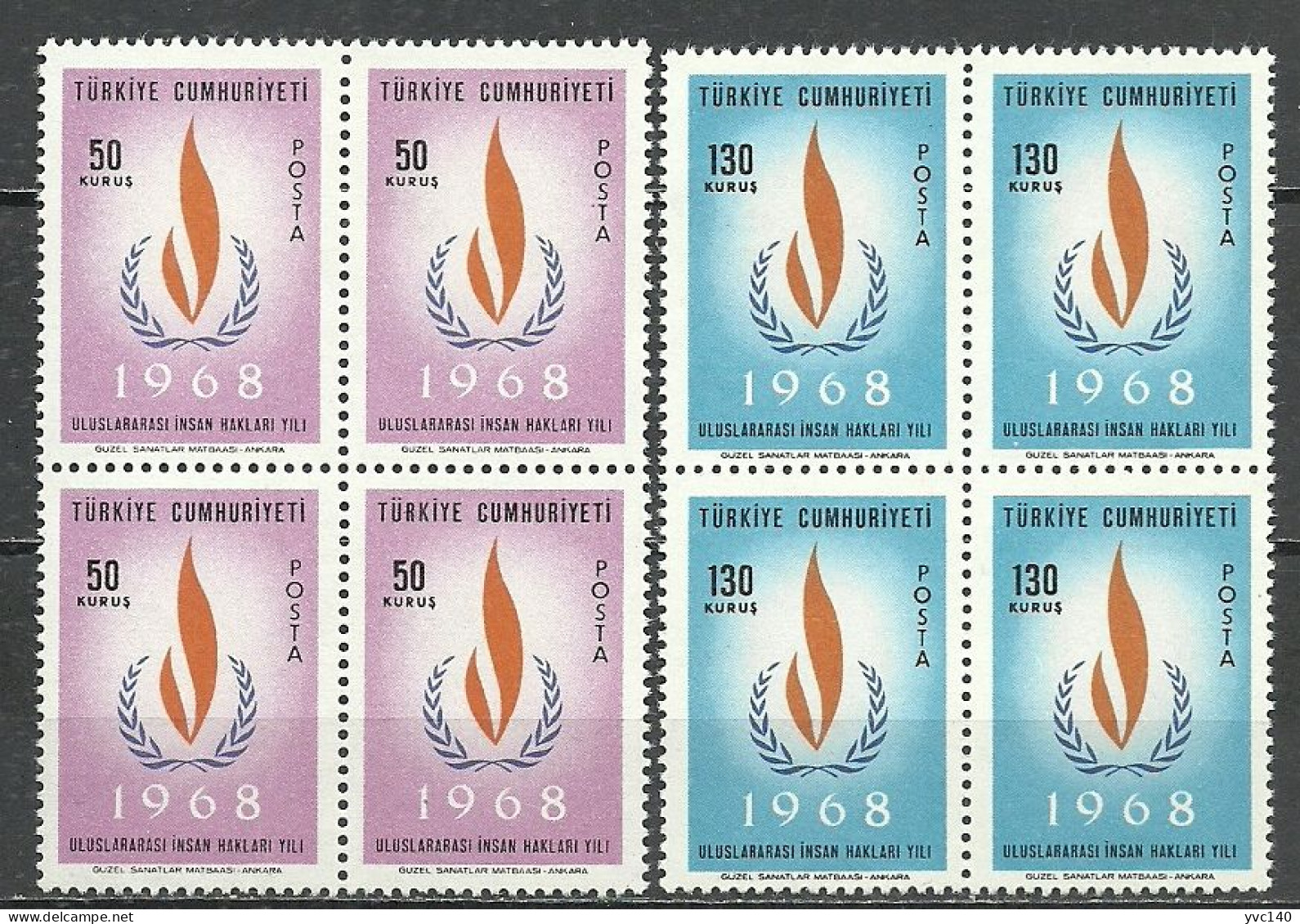 Turkey; 1968 International Human Rights Year (Complete Set) Block Of 4 - Unused Stamps