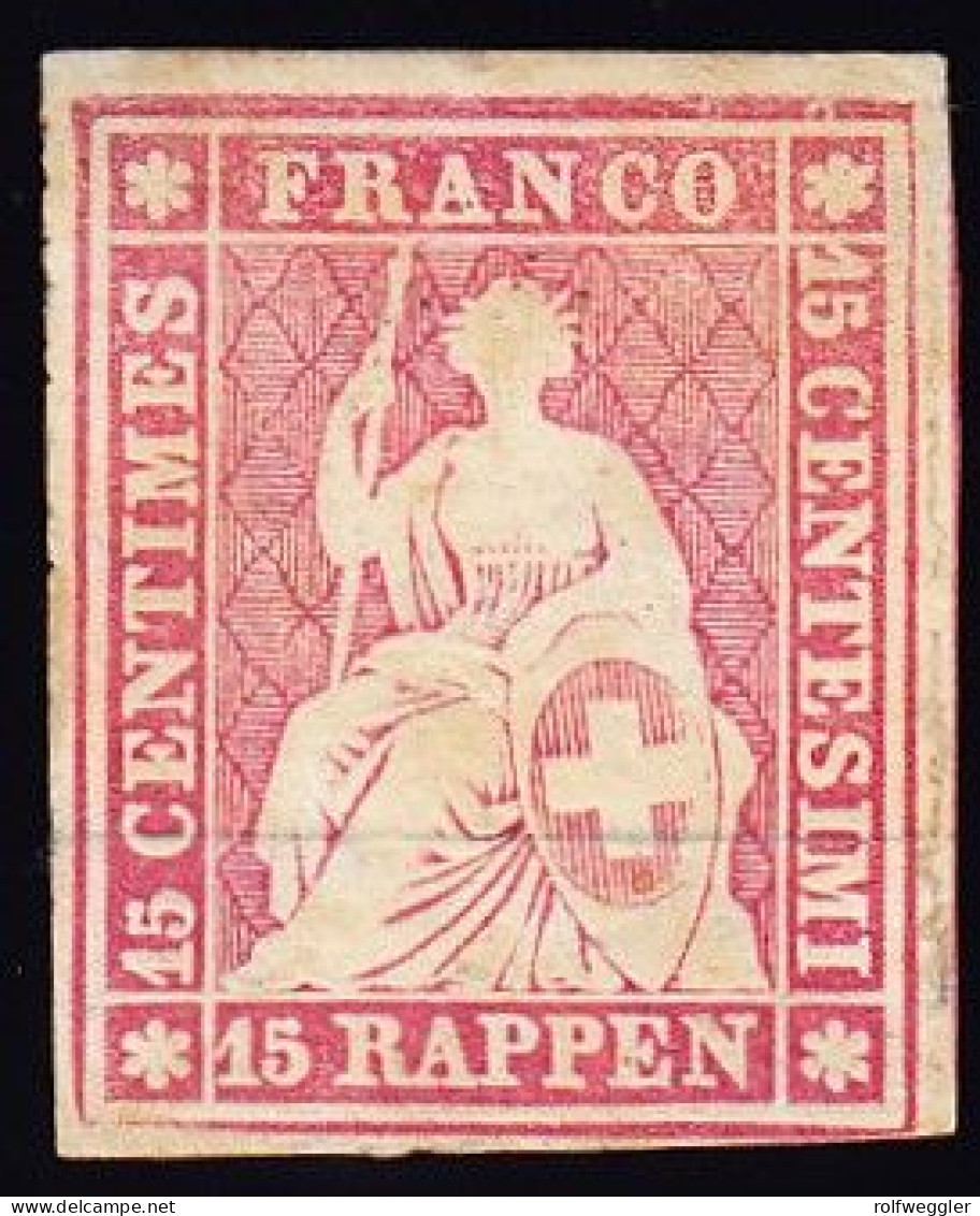 1854 15 Rp Rosarot, Ungebraucht, Vollrandig Mit Originalgummi, Leicht Fleckig. Befund Weid. Bogeneckstück - Unused Stamps