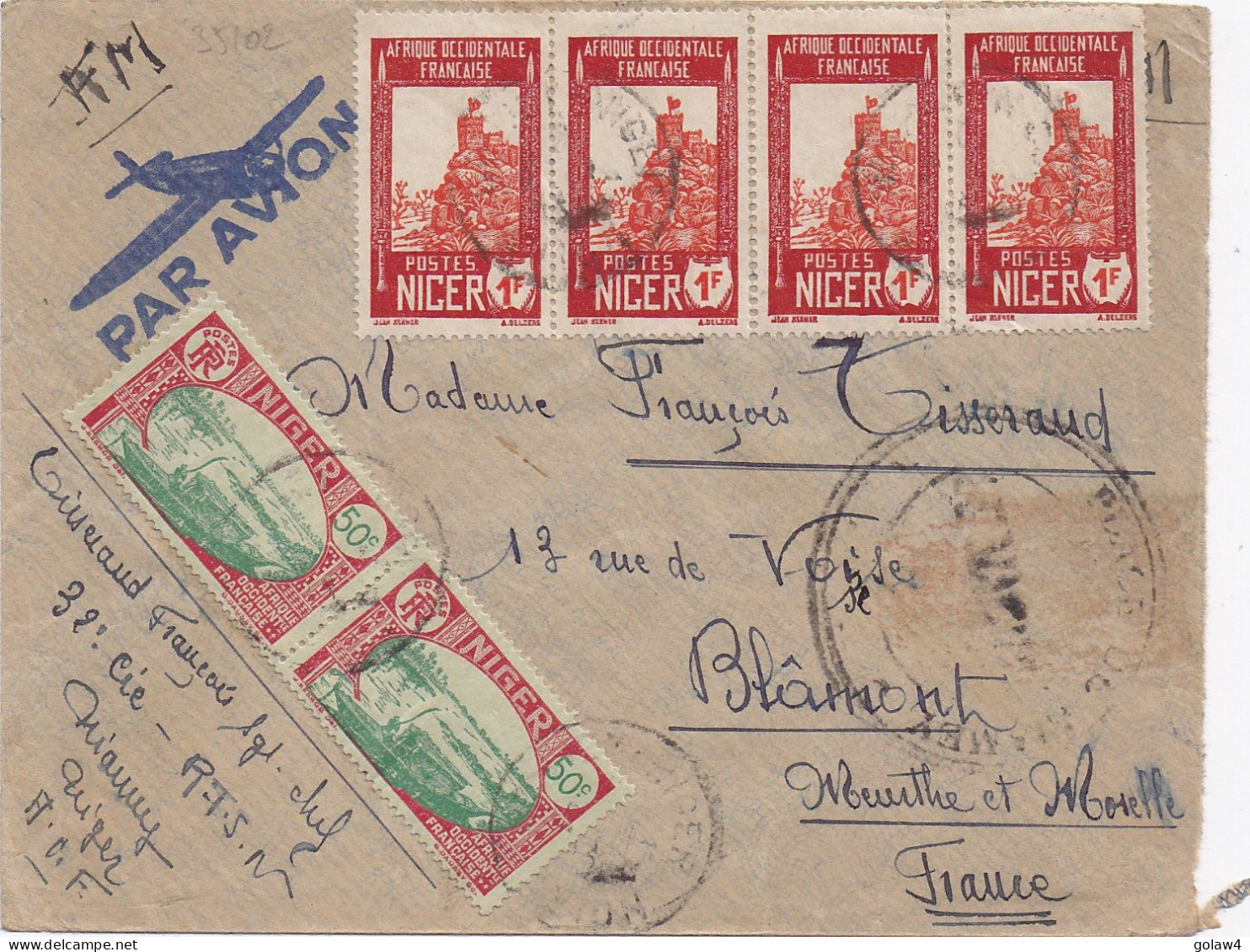 35102# LETTRE FRANCHISE MILITAIRE PLACE DE NIAMEY NIGER AOF AFRIQUE OCCIDENTALE FRANCAISE BLAMONT MEURTHE ET MOSELLE - Covers & Documents