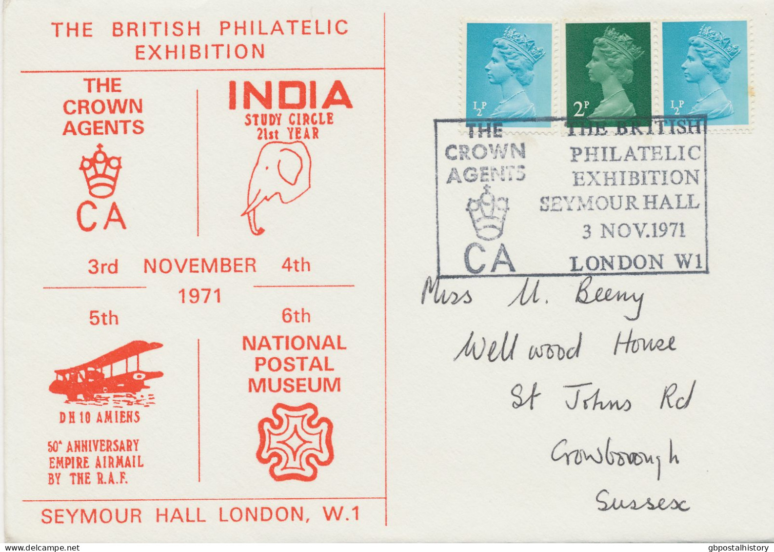 GB SPECIAL EVENT POSTMARKS 1971 THE BRITISH PHILATELIC EXHIBITION SEYMOUR HALL LONDON W.I. - THE CROWN AGENTS - Cartas & Documentos