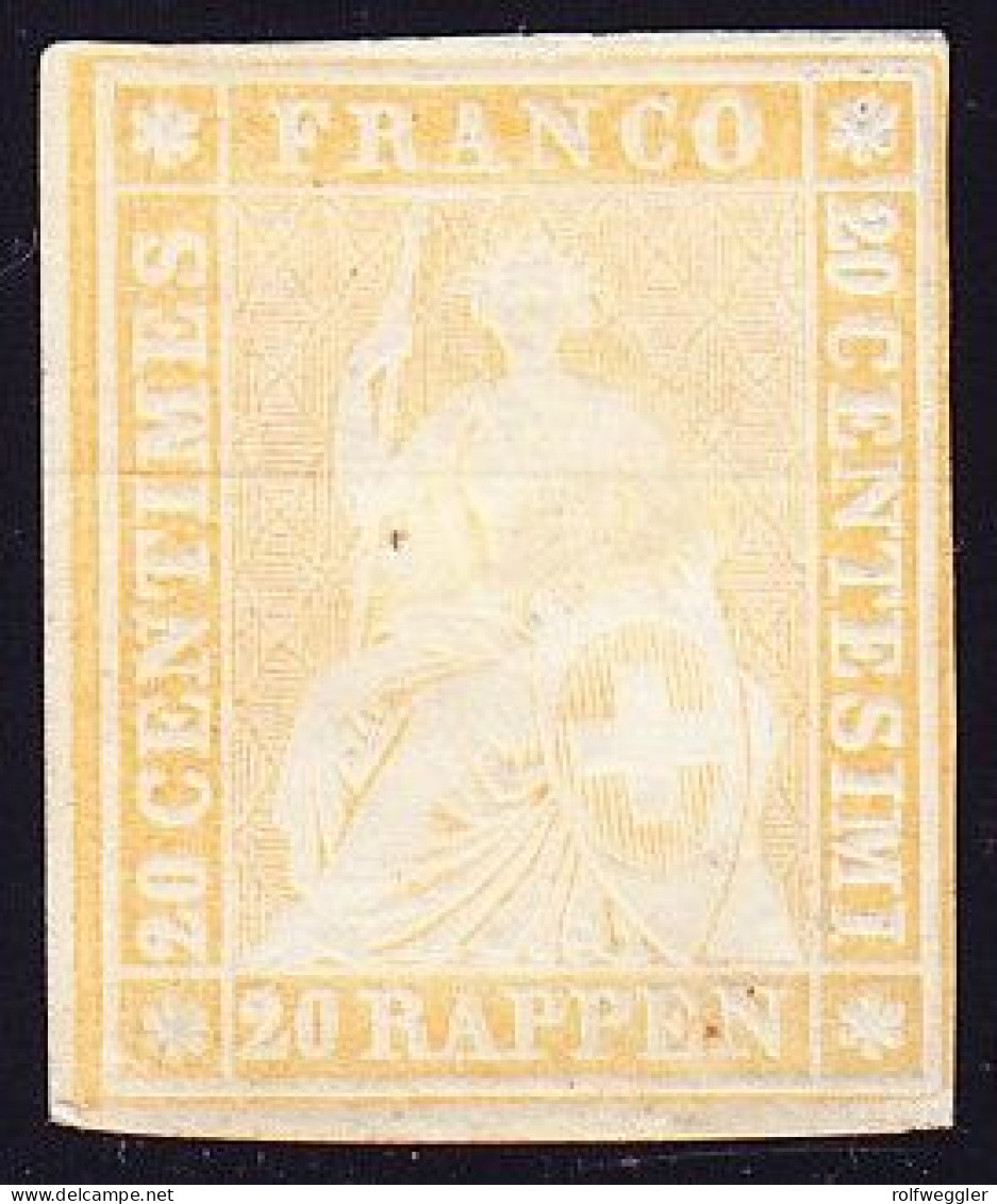 1854 20 Rp Blass Orangegelb, Ungebraucht, Vollrandig, Schönes Relief Ohne Gummi. Foto-Befund Renggli - Unused Stamps