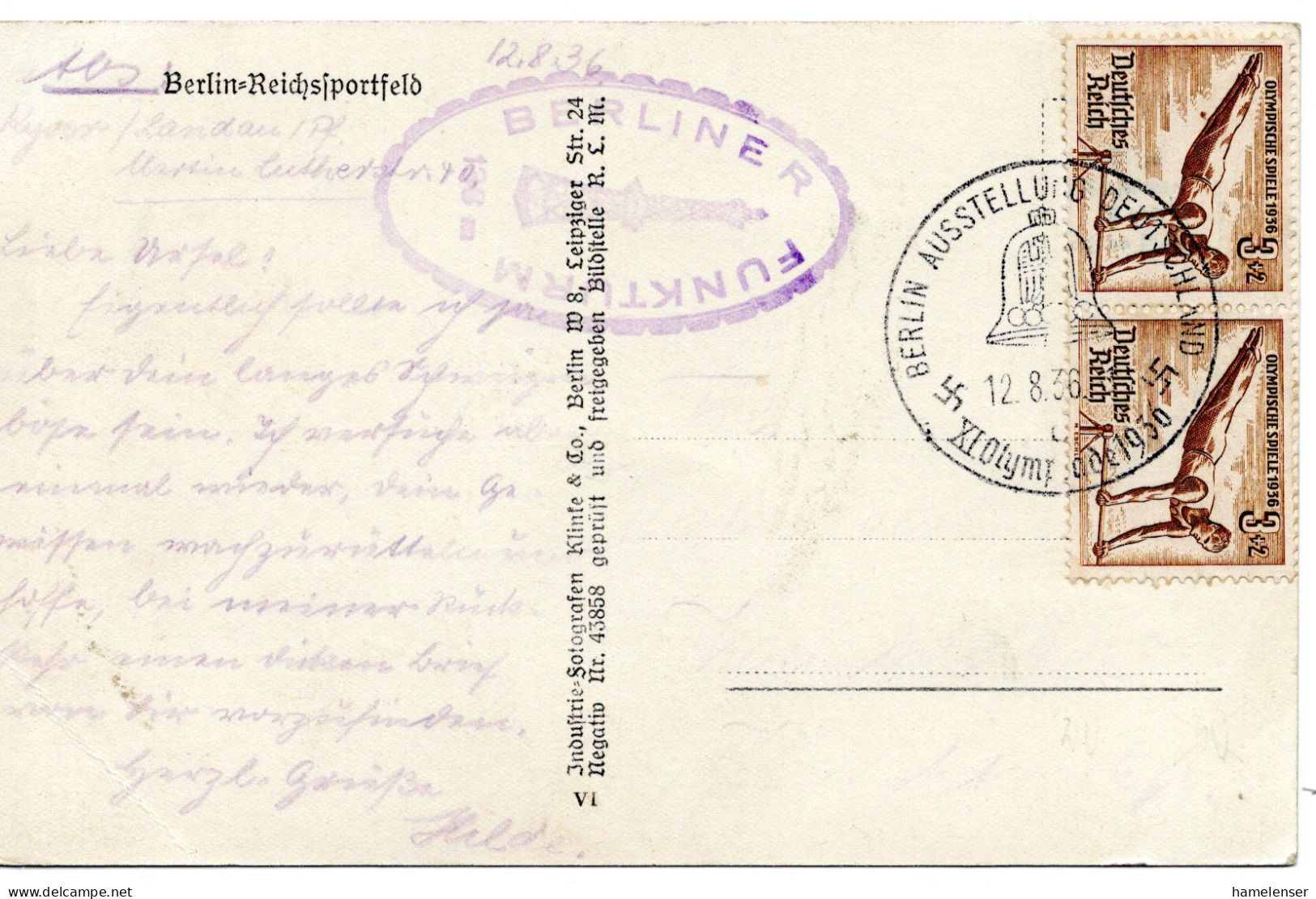 61117 - Deutsches Reich - 1936 - 2@3Pfg Olympiade A AnsKte SoStpl BERLIN - AUSSTELLUNG DEUTSCHLAND -> (Adresse Radiert) - Verano 1936: Berlin