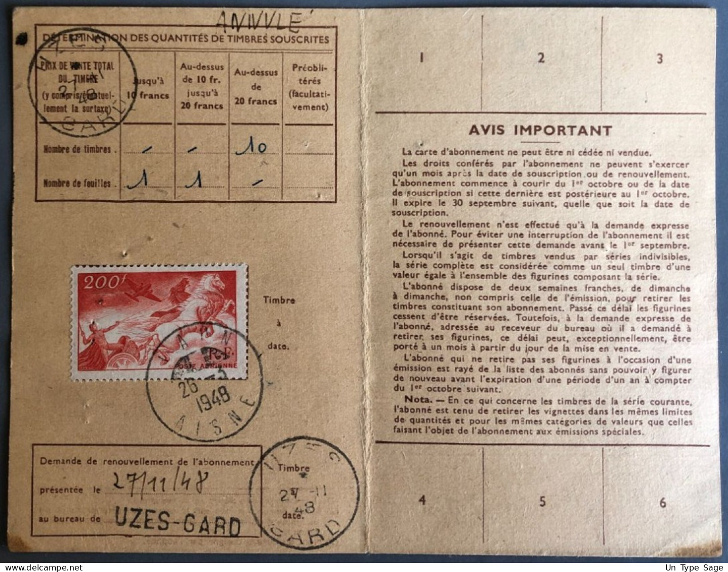 France, Divers PA Sur Carte D'Abonnement Des PTT, Uzes 1949 - (B3806) - 1927-1959 Covers & Documents
