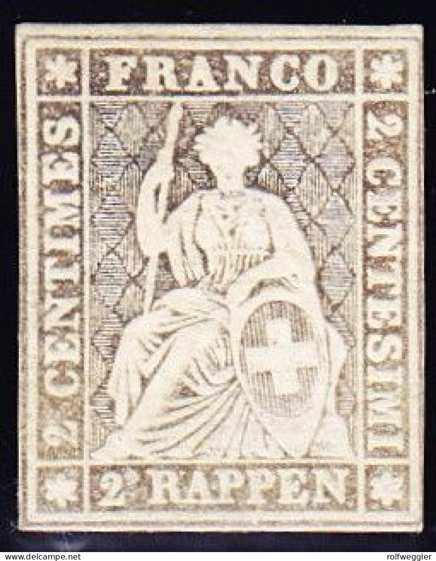 1862 2 Rp Grau, Ungebraucht Mit Originalgummi, 3 Seitig Vollrandig, Attest Rellstab - Unused Stamps