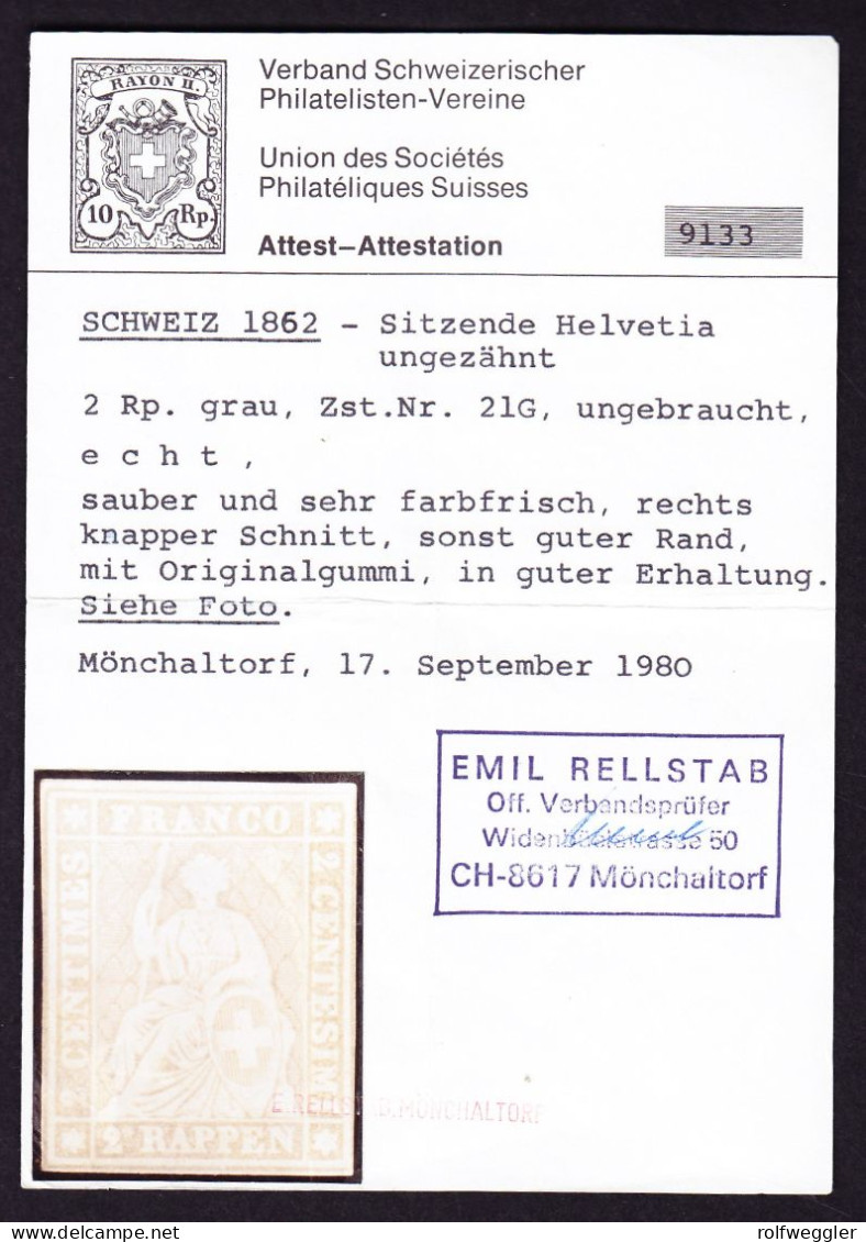 1862 2 Rp Grau, Ungebraucht Mit Originalgummi, 3 Seitig Vollrandig, Attest Rellstab - Neufs