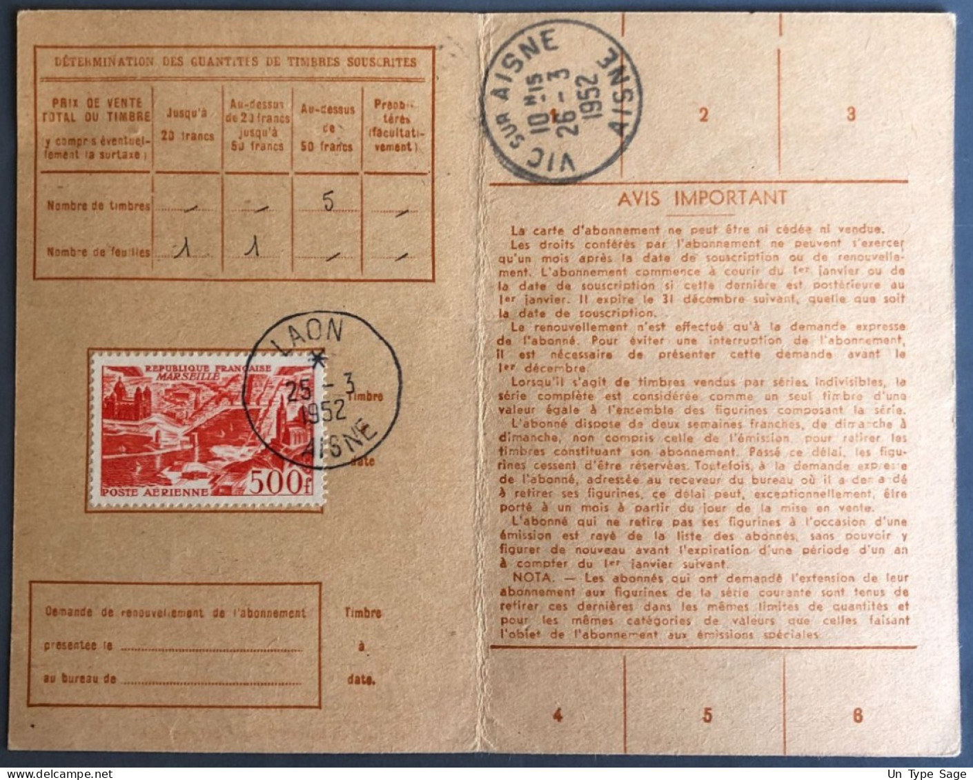 France, Divers PA Sur Carte D'Abonnement Des PTT, Laon 1952 - (B3839) - 1927-1959 Cartas & Documentos