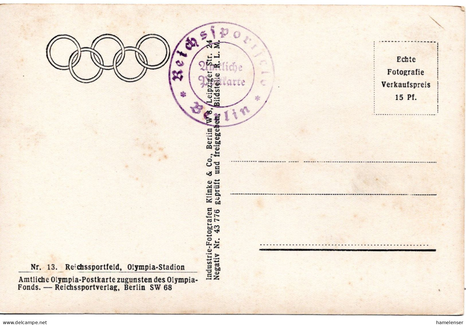 61119 - Deutsches Reich - 1936 - Ans.-Kte. "Reichssportfeld", Ungebraucht - Olympische Spelen