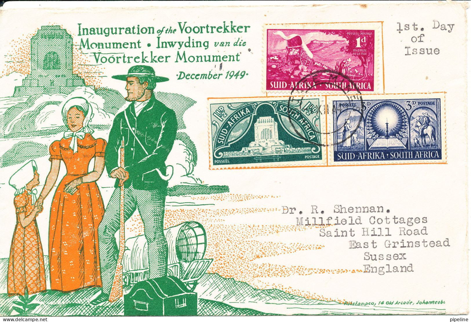 South Africa FDC 1-12-1949 Inauguration VOORTREKKER Monument Complete Set Of 3 With Cachet - FDC