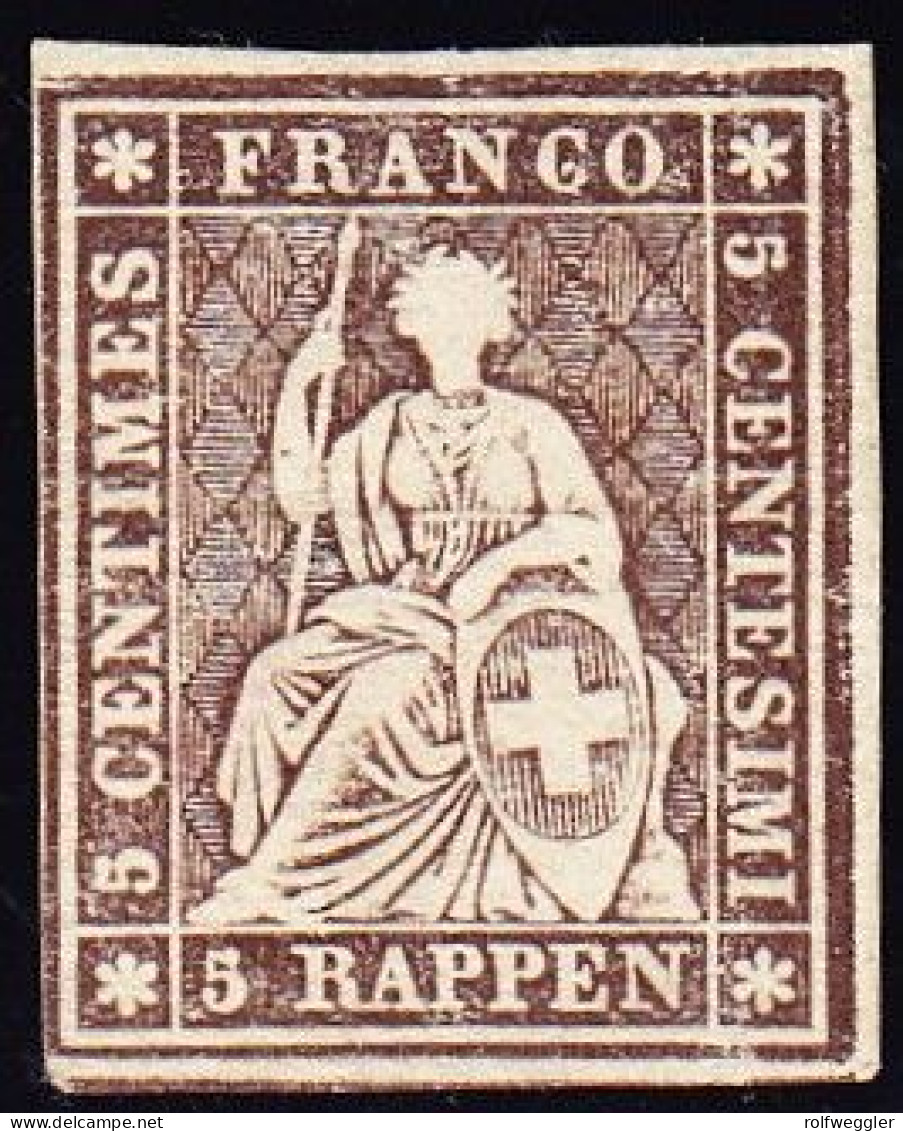 1862 5 Rp Braun, Ungebraucht Mit Originalgummi, Vollrandig, Signiert Brun (gemäss M. Huzanic Leuchtet Hell) - Neufs