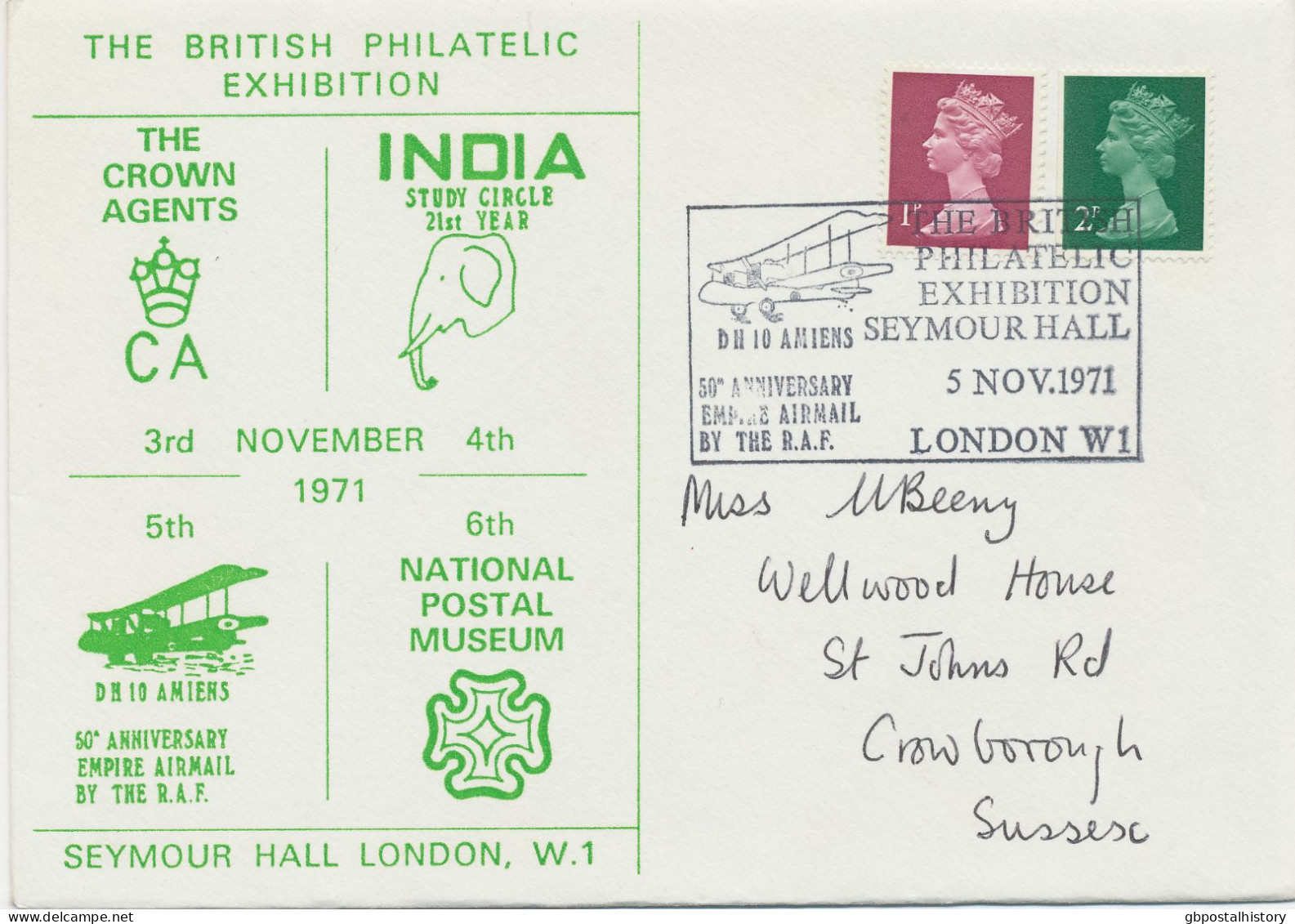 GB SPECIAL EVENT POSTMARKS 1971 THE BRITISH PHILATELIC EXHIBITION SEYMOUR HALL LONDON W.I. - DH 10 AMIENS - 50TH ANNIVER - Briefe U. Dokumente