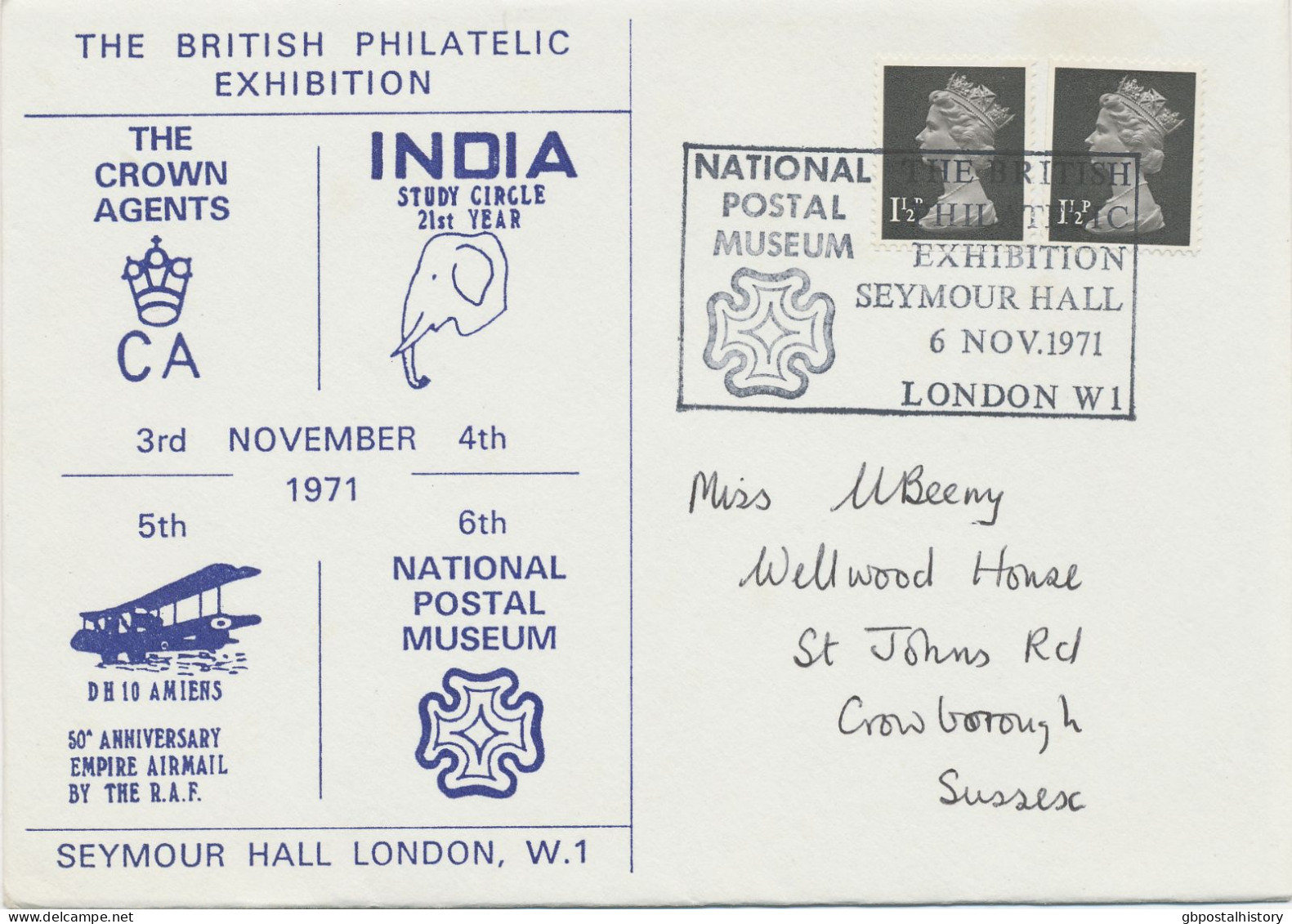 GB SPECIAL EVENT POSTMARKS 1971 THE BRITISH PHILATELIC EXHIBITION SEYMOUR HALL LONDON W.I. - NATIONAL POSTAL MUSEUM ON E - Cartas & Documentos