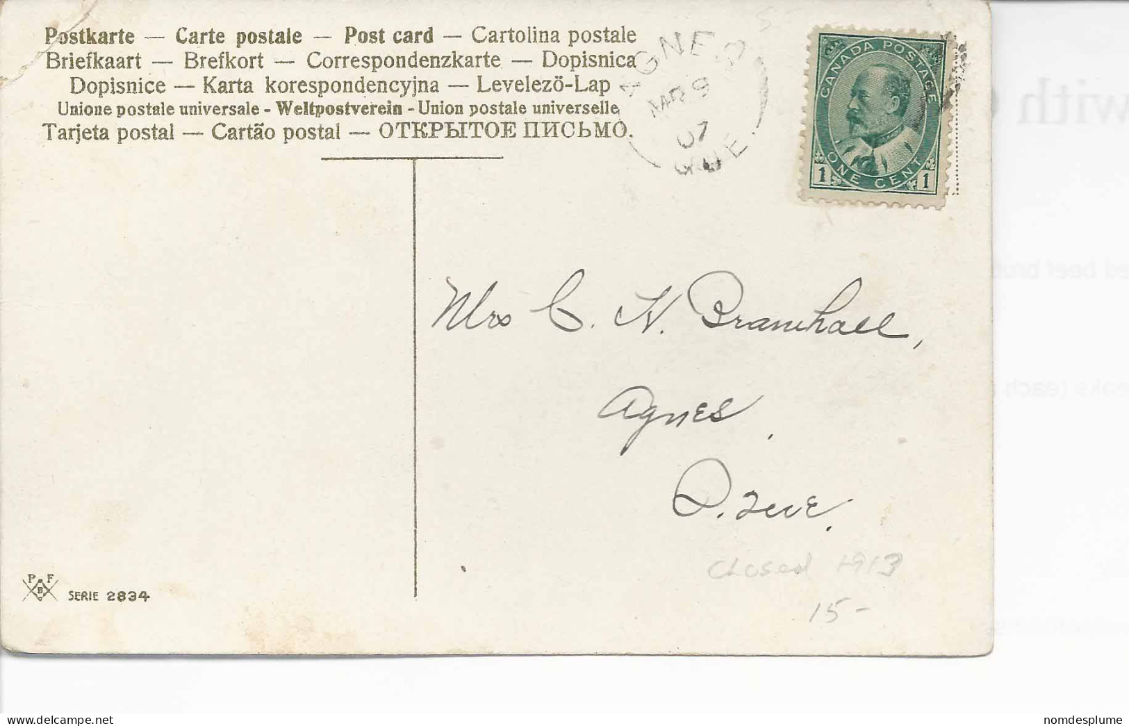 26290) Canada Quebec 1907 Closed Postmark Cancel Postcard Flowers - Storia Postale