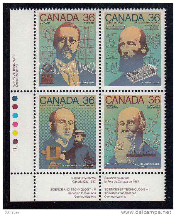 Canada MNH Scott #1138a Lower Left Plate Block 36c Fessenden, Fenerty, Leggo, Gisborne - Science And Technology - Numeri Di Tavola E Bordi Di Foglio