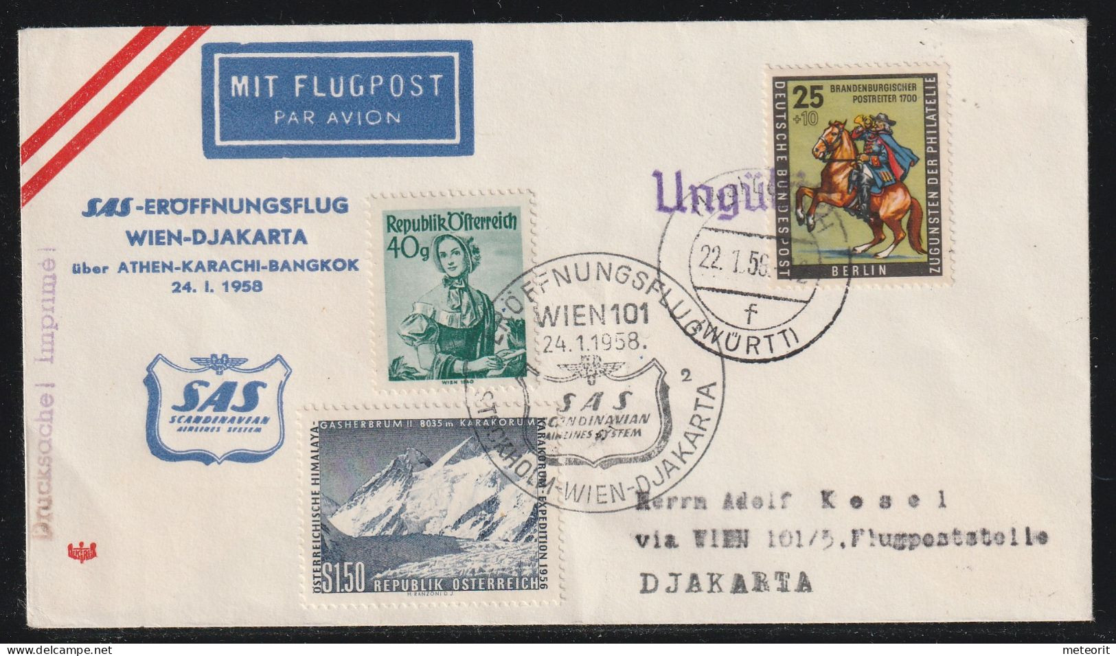 SAS-Eröffnungsflug "WIEN-DJAKARTA" Mit MiNr. 158 Gestempelt, (14a) LORCH (WÜRTT) F 22.1.58-12 Und Zusatzfrankatur - Poste Aérienne