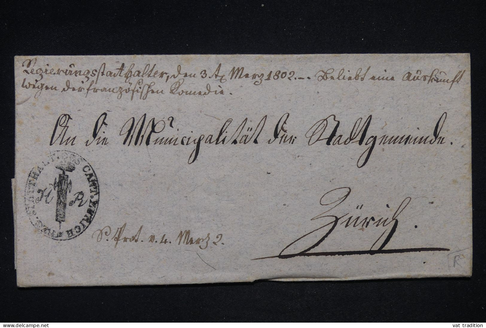 SUISSE - Cachet Révolutionnaire Sur Lettre Pour Zurich En 1802 - L 148806 - ...-1845 Prefilatelia