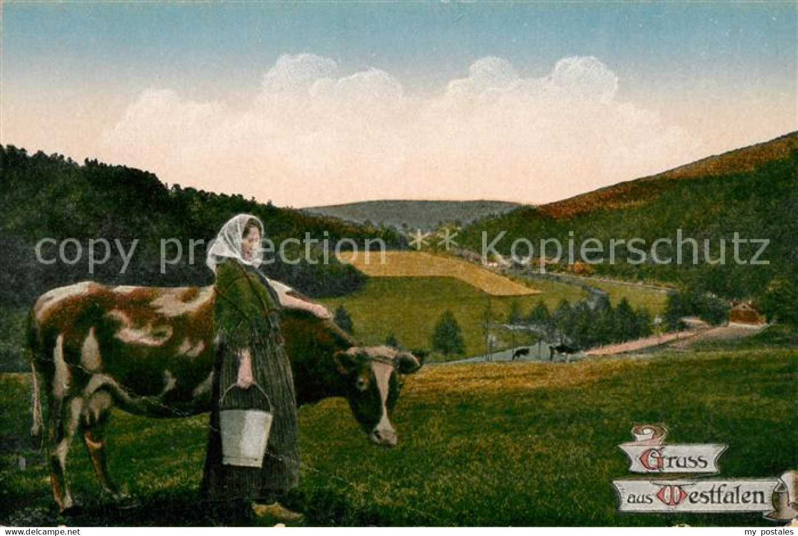 43129246 Westfalen Region Landschaftspanorama Baeuerin Mit Kuh Westfalen Region - Melle