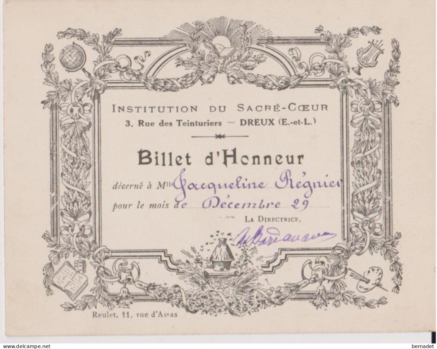 BILLETS D'HONNEUR . 1929 - 1930 .  Graveur Reulet , 11 Rue D Assas - Diplômes & Bulletins Scolaires