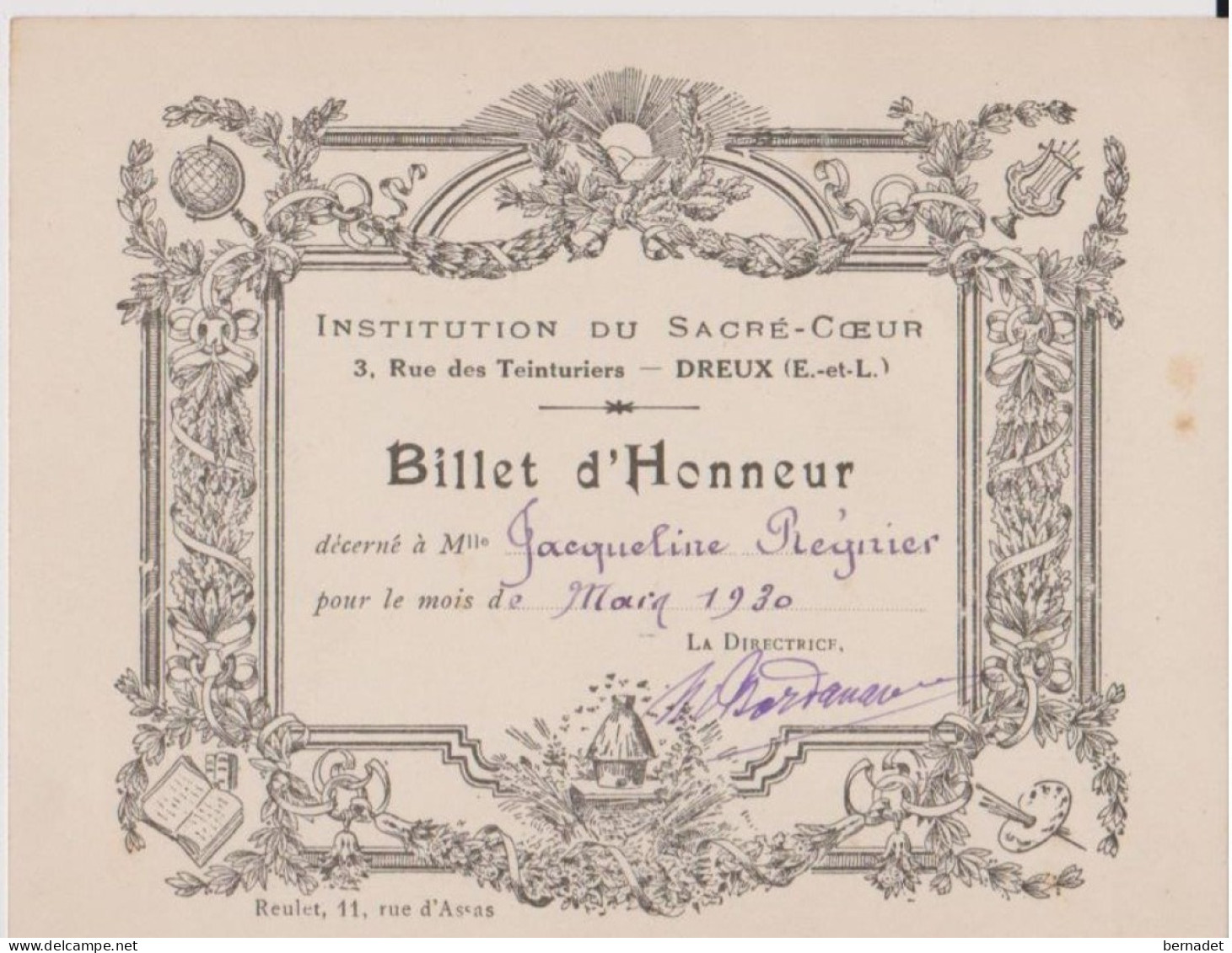 BILLETS D'HONNEUR . 1929 - 1930 .  Graveur Reulet , 11 Rue D Assas - Diplômes & Bulletins Scolaires