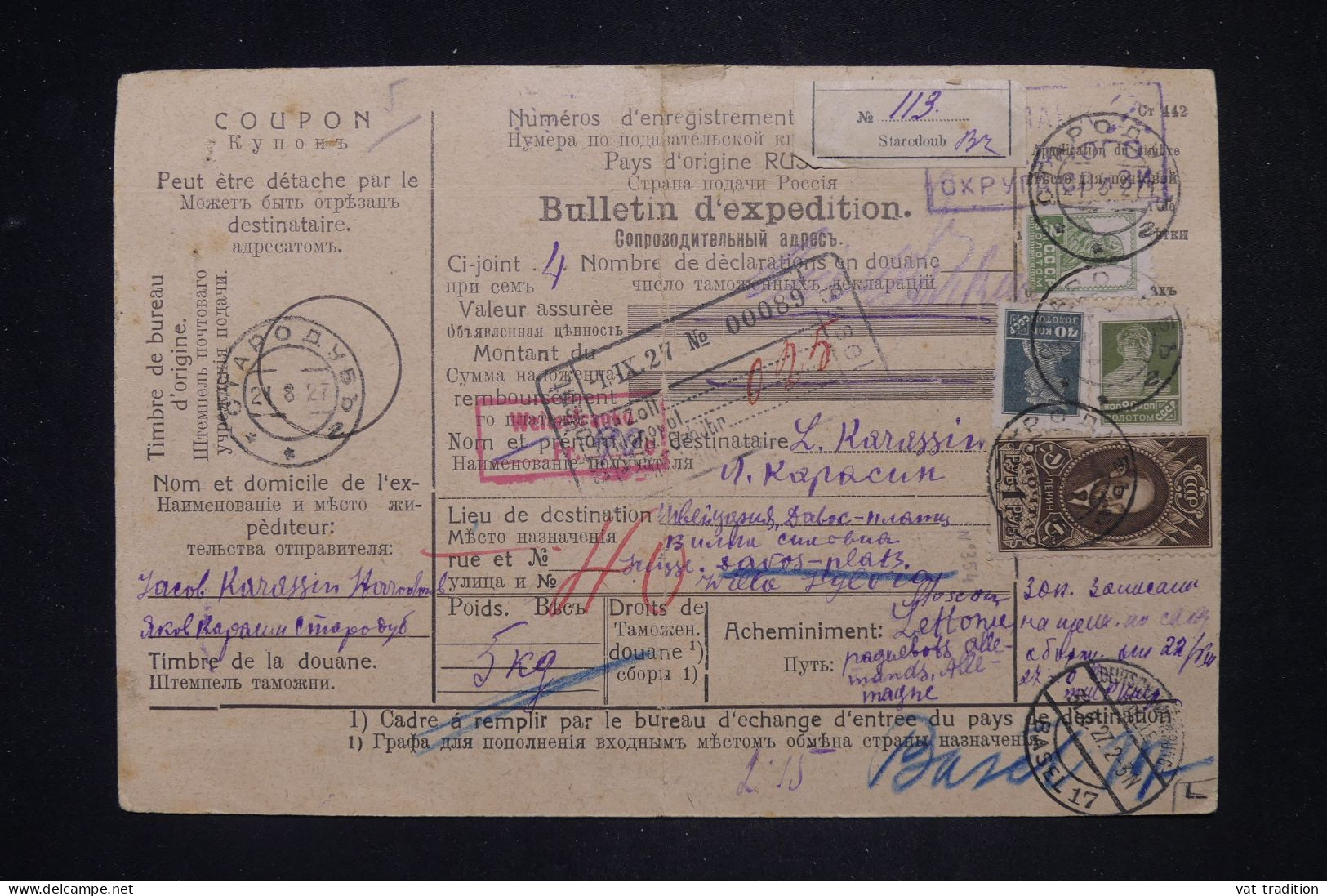 RUSSIE - Bulletin D'expédition De Colis Pour La Suisse En 1927  - L 148821 - Storia Postale