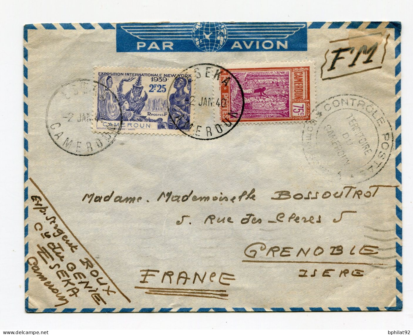 !!! LETTRE PAR AVION D'ESEKA DU 2/1/1940 POUR GRENOBLE AVEC CENSURE DU CAMEROUN - Brieven En Documenten