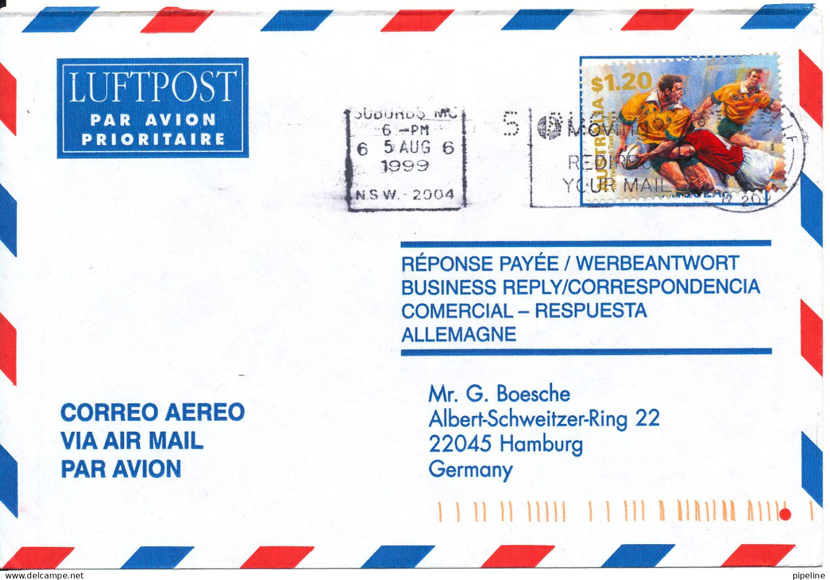 Australia Air Mail Cover Sent To Germany 5-8-1999 Single Franked SOCCER FOOTBALL - Lettres & Documents
