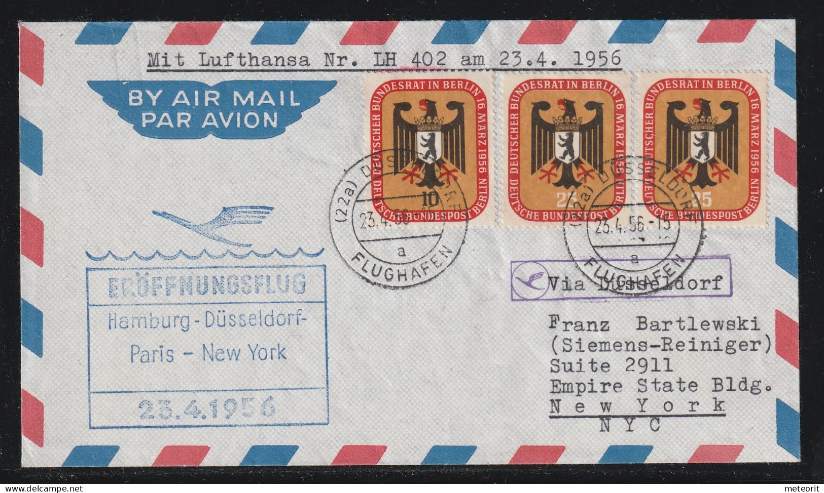 Eröffnungsflug LH 402 Am 23.4.1956 Mit MiNr. 136+137/137 Gestempelt (22a) DÜSSELDORF FLUGHAFEN A 23.4.56-15 Von - Luchtpost