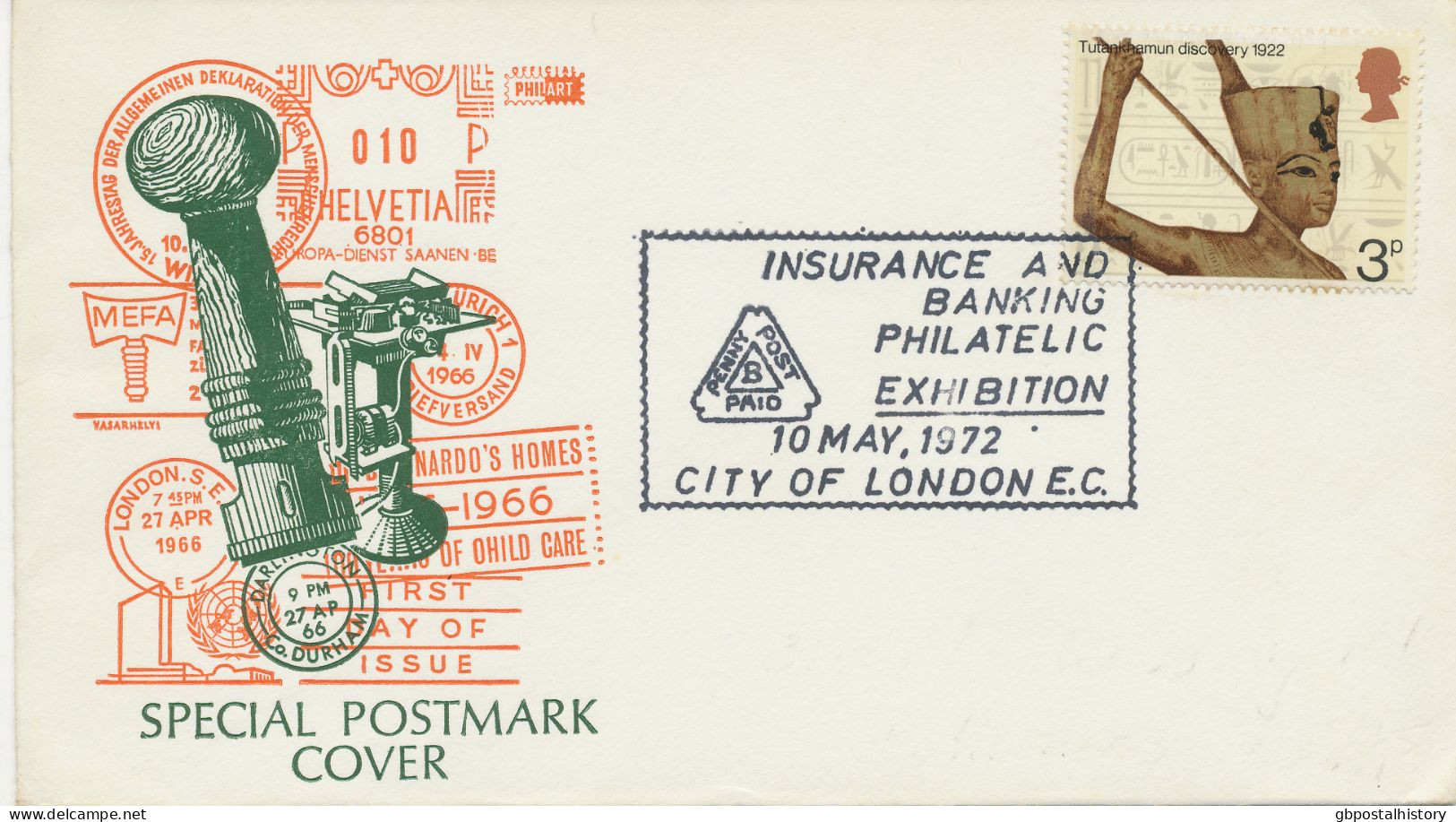 GB SPECIAL EVENT POSTMARKS 1972 INSURANCE & BANKING PHILATELIC EXHIBITION CITY OF LONDON E.C. ON SOUVENIR COVER - Lettres & Documents