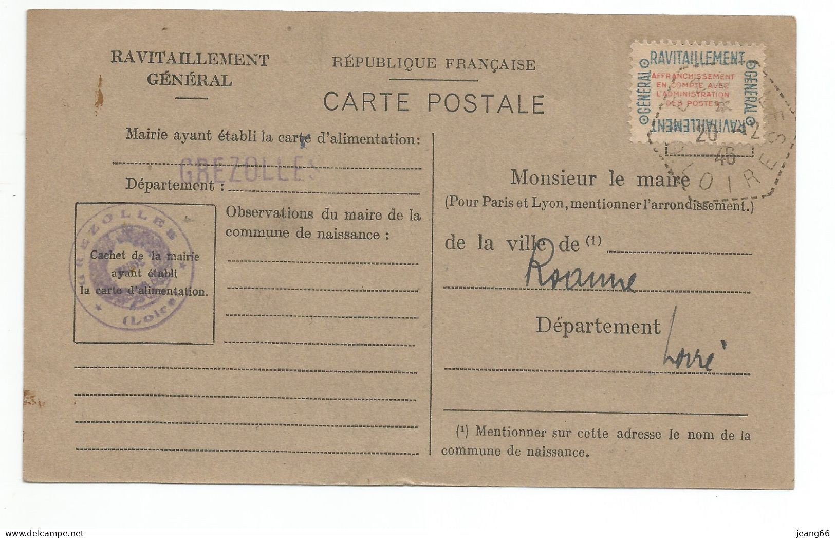 Timbre "RAVITAILLEMENT GENERAL" Affranchissement En Compte Avec L'administration Des Postes; GREZOLLES (Loire);15/8/1946 - Sonstige & Ohne Zuordnung