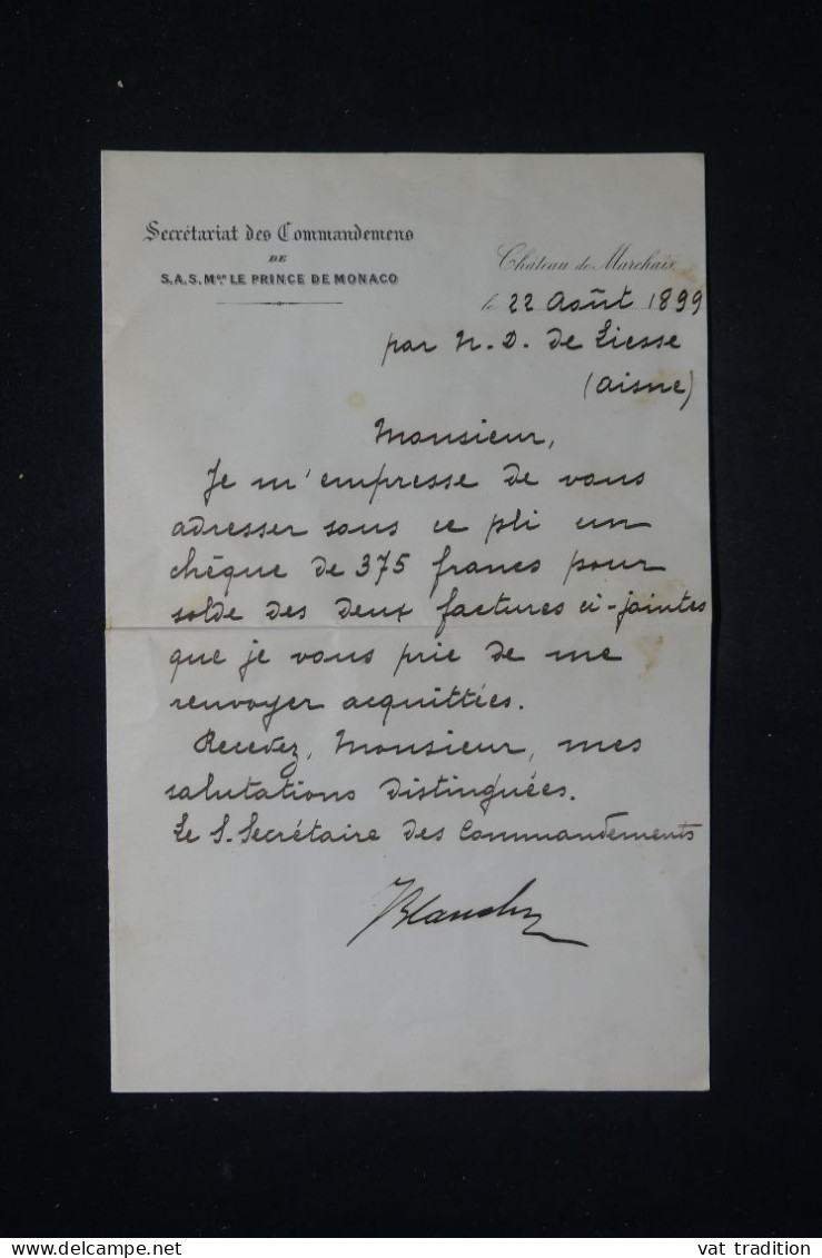 MONACO - Enveloppe + Contenu Du Secrétariat Des Commandements De SAS  Mgr Le Prince De Monaco En 1899 - L 148842 - Storia Postale