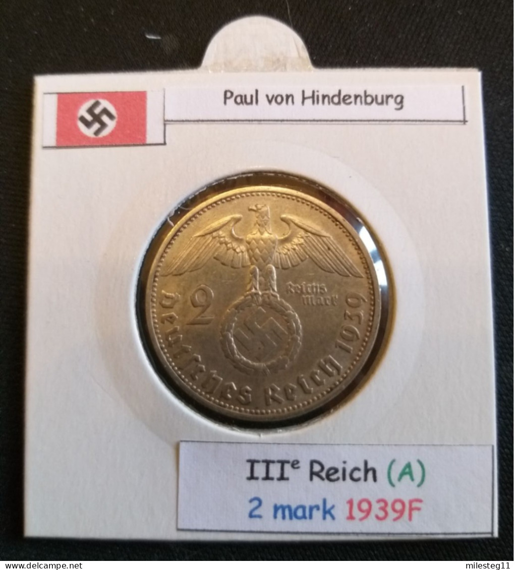 Pièce De 2 Reichsmark De 1939F (Stuttgard) Paul Von Hindenburg (position A) - 2 Reichsmark