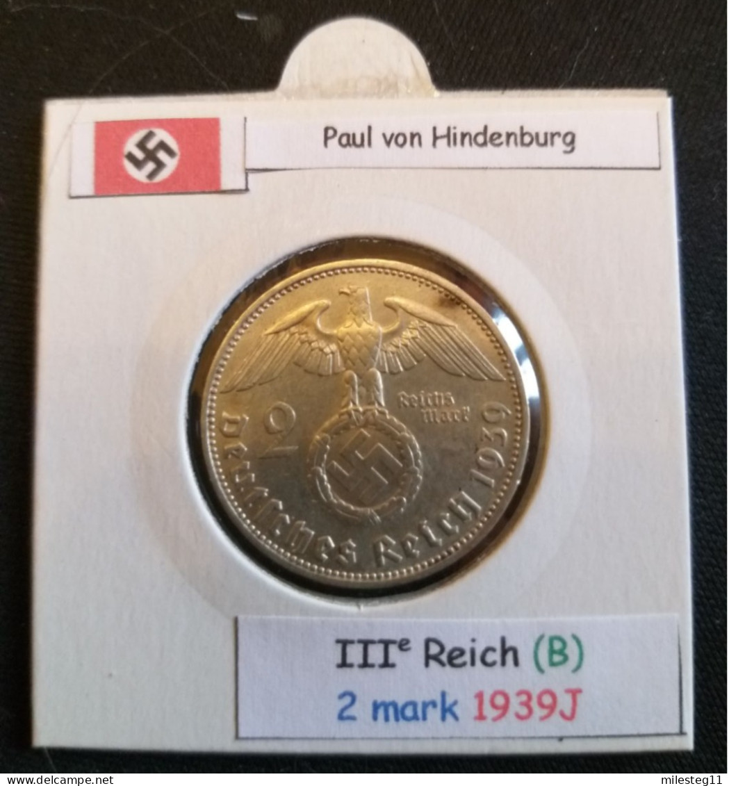 Pièce De 2 Reichsmark De 1939J (Hambourg) Paul Von Hindenburg (position B) - 2 Reichsmark