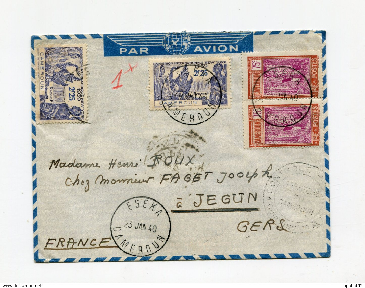 !!! CAMEROUN, LETTRE PAR AVION D'ESEKA POUR JEGUN DE 1940 AVEC CACHET DE CENSURE - Storia Postale