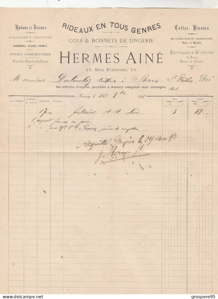 ANNECY HERMES AINE FACTURE + ENVELOPPE 1892 - 1800 – 1899