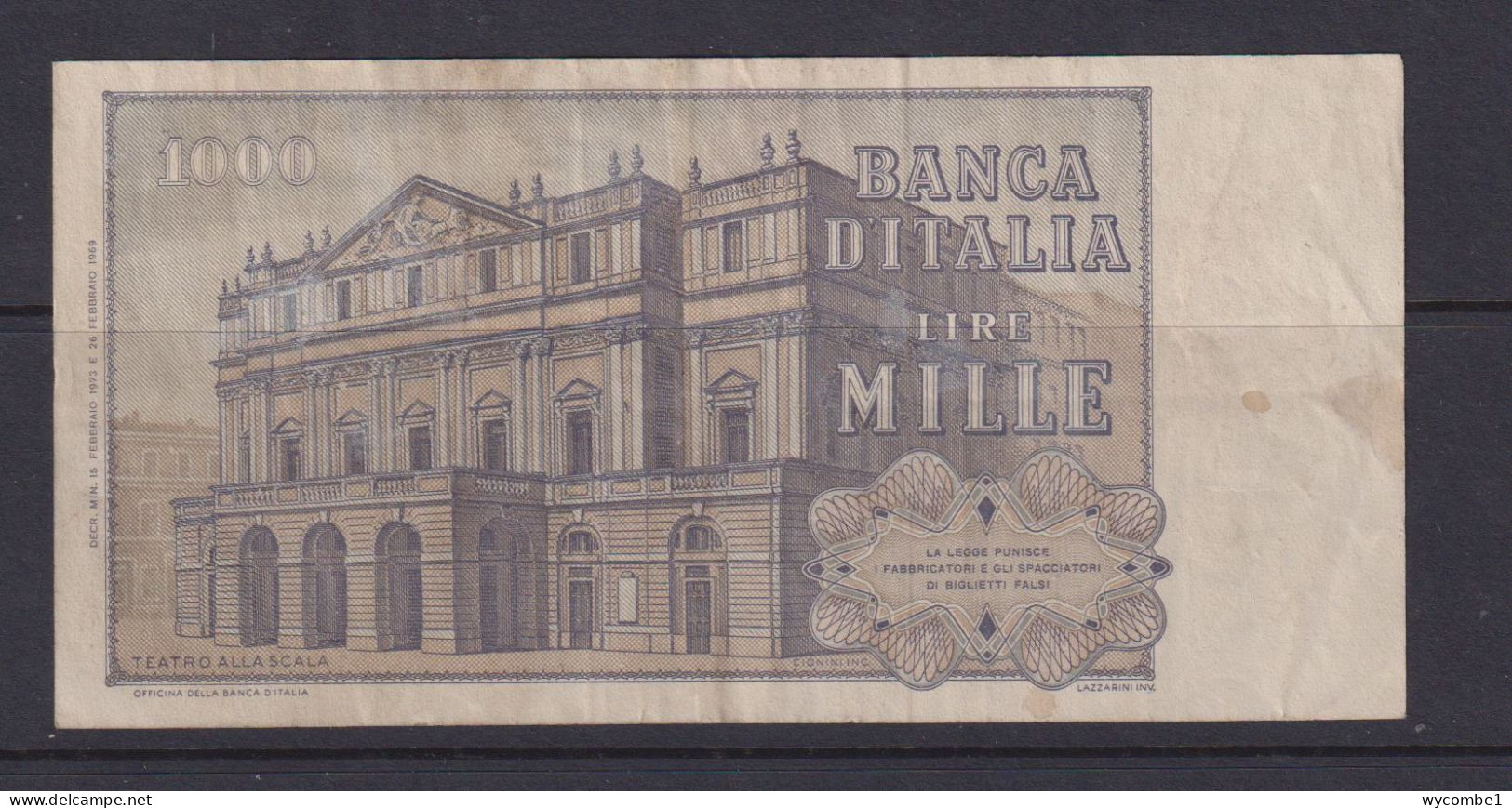 ITALY- 1969 1000 Lira Circulated Banknote As Scans - 1000 Lire