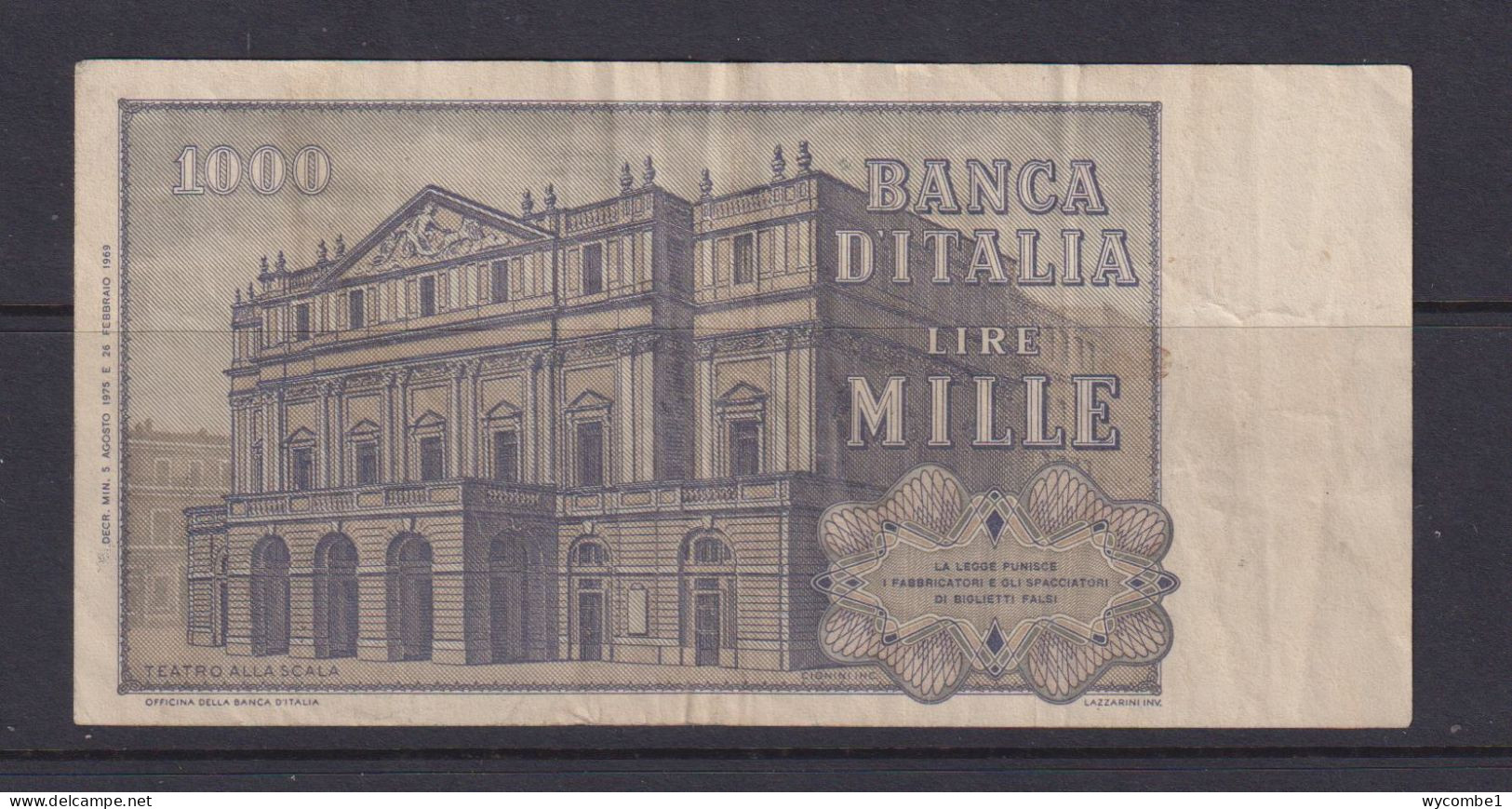 ITALY- 1969 1000 Lira Circulated Banknote As Scans - 1.000 Lire