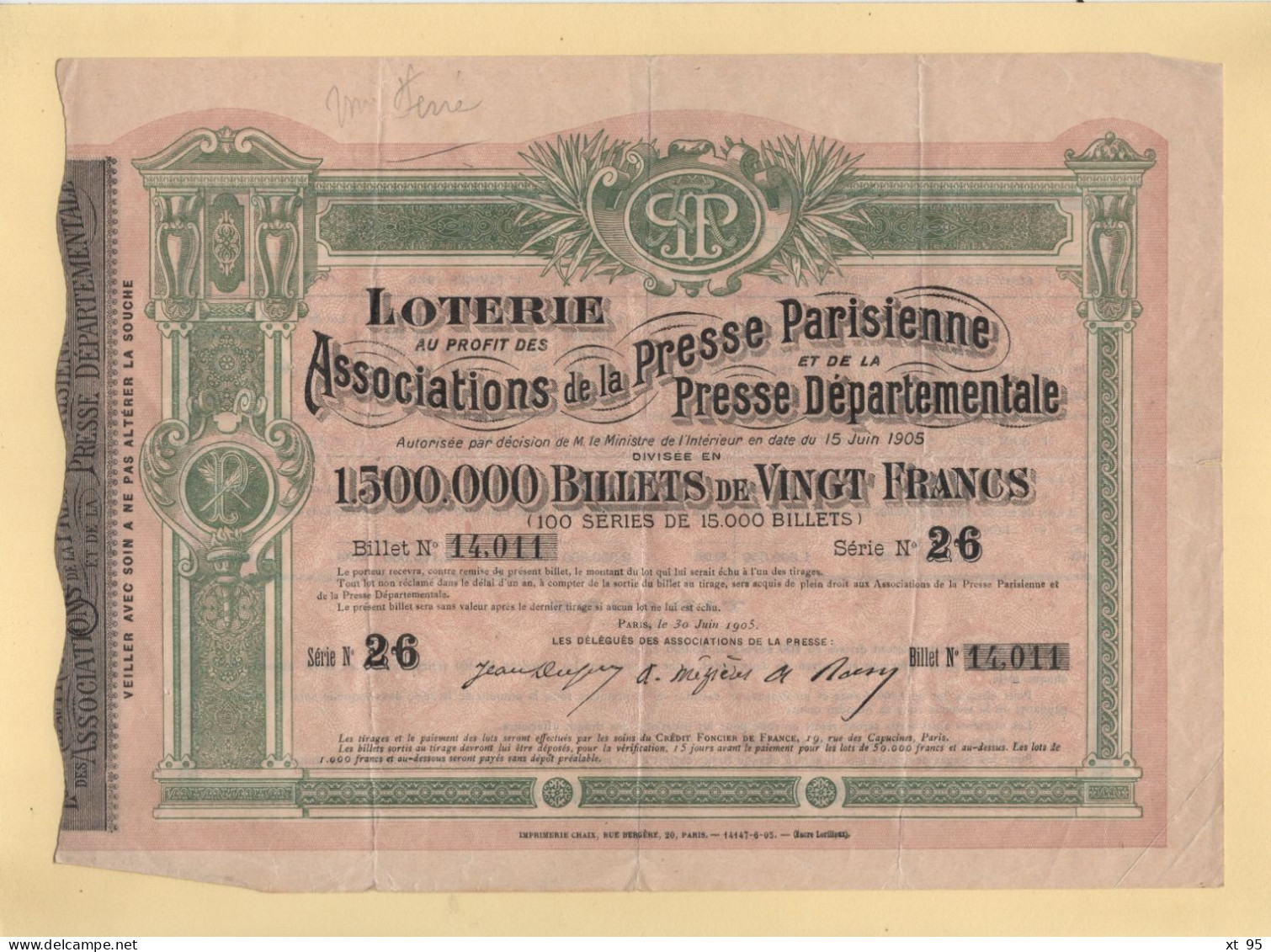 Loterie Association De La Presse Parisienne - 1905/1906 - Lotterielose