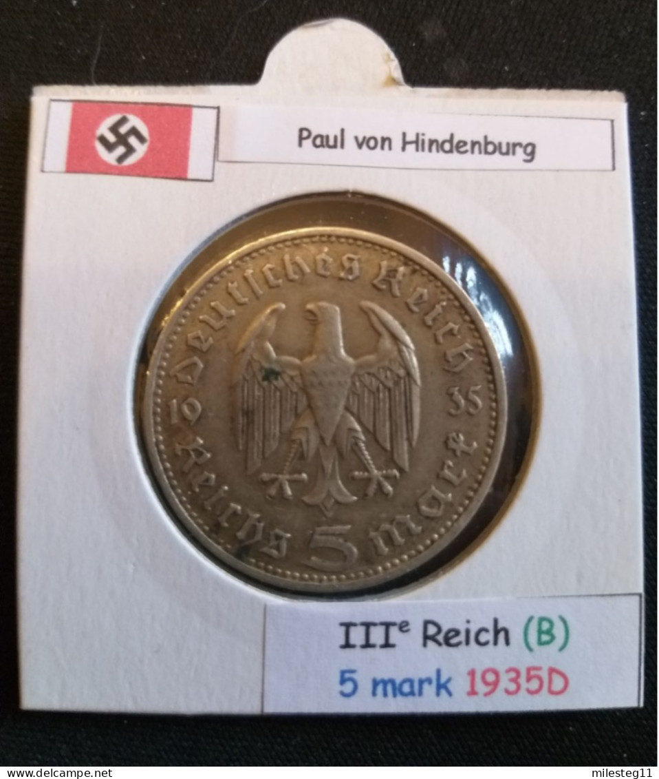 Pièce De 5 Reichsmark De 1935D (Munich) Paul Von Hindenburg (position B) - 5 Reichsmark