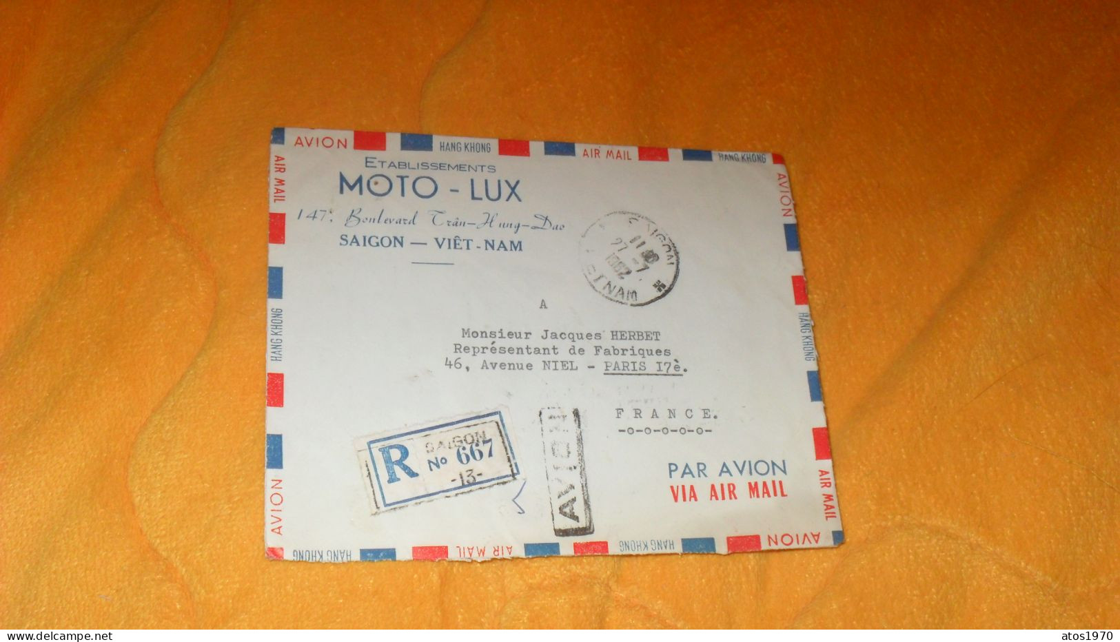 ENVELOPPE ANCIENNE DE 1962../ ETABLISSEMENTS MOTO-LUX..SAIGON ..R N°667 SAIGON 13..POUR PARIS FRANCE..CACHETS + TIMBRES - Viêt-Nam