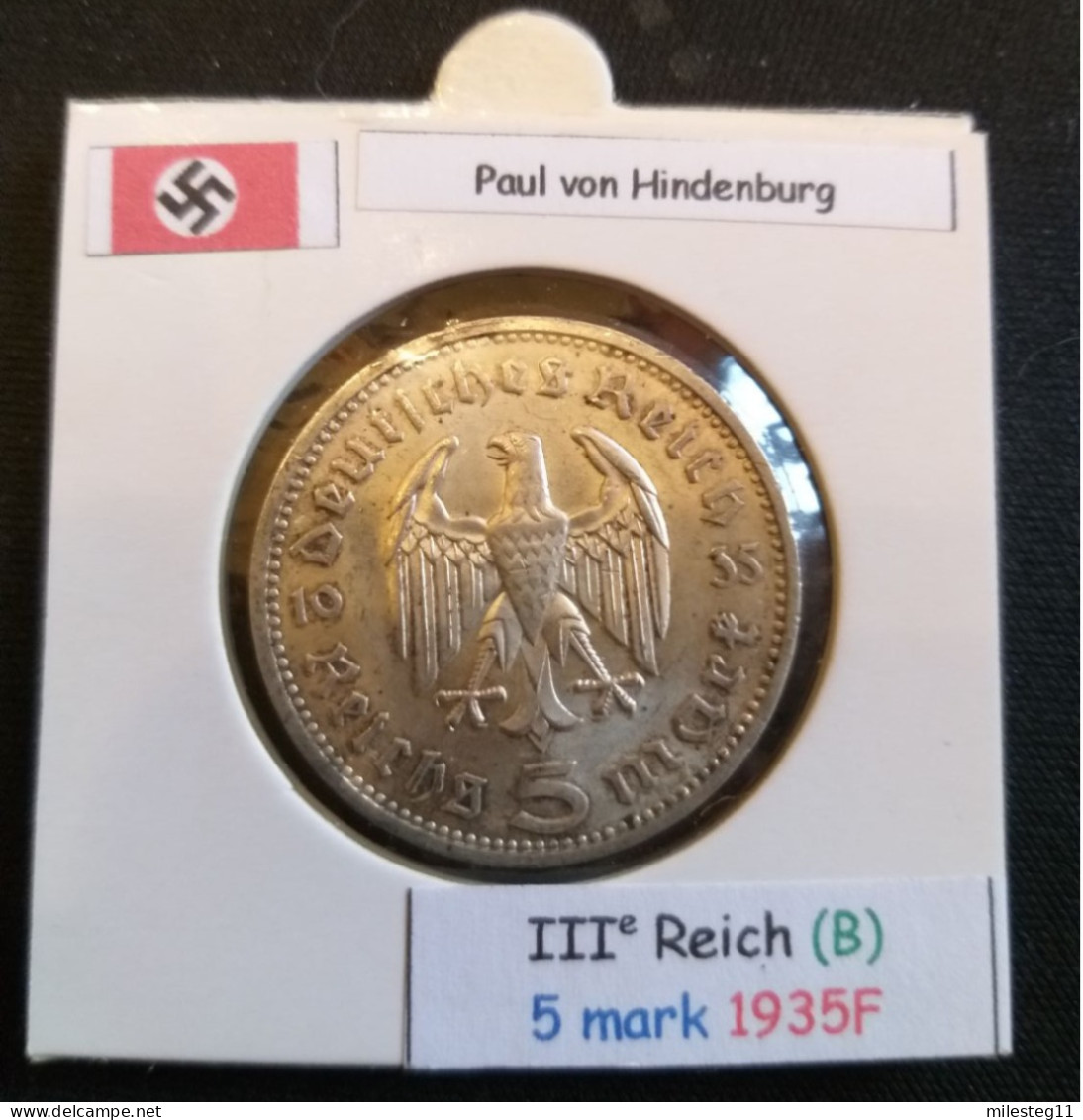 Pièce De 5 Reichsmark De 1935F (Stuttgard) Paul Von Hindenburg (position B) - 5 Reichsmark