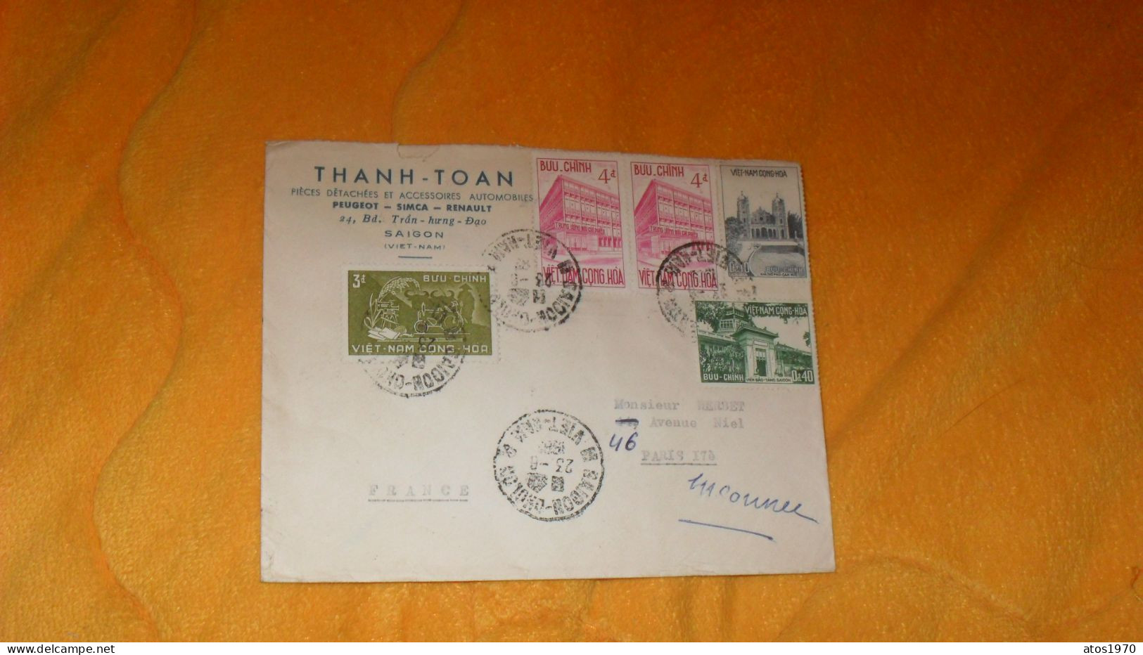 ENVELOPPE ANCIENNE DE 1962../ THANH-TOAN PIECES DET..PEUGEOT-SIMCA-RENAULT SAIGON..POUR PARIS CACHETS + TIMBRES X5 - Viêt-Nam