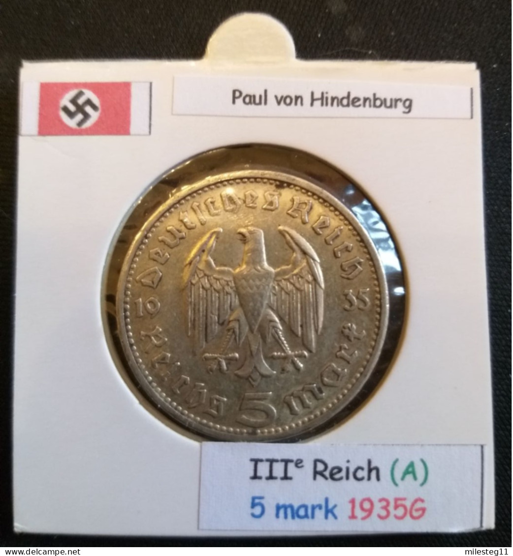 Pièce De 5 Reichsmark De 1935G (Karlruhe) Paul Von Hindenburg (position A) - 5 Reichsmark