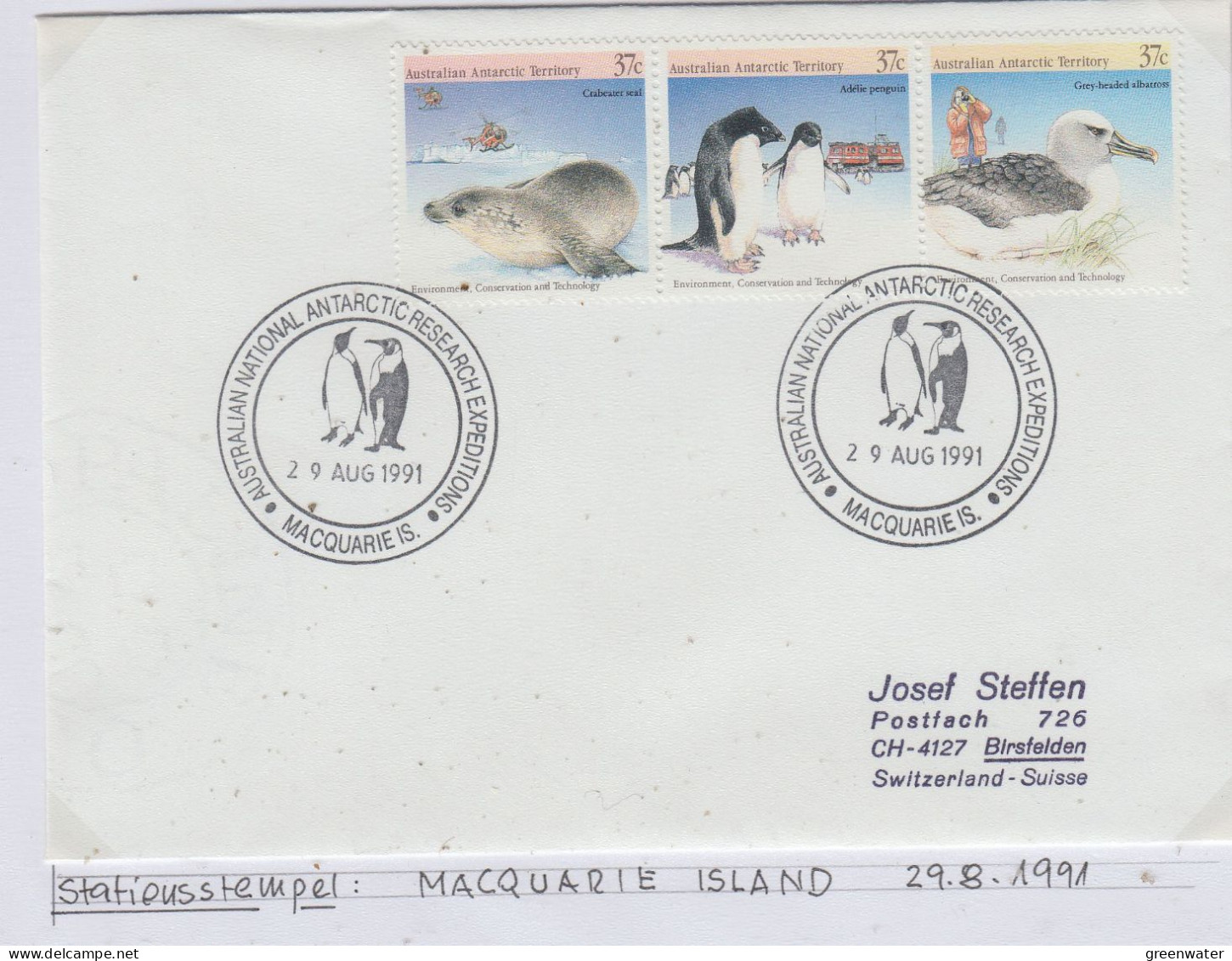 AAT Animals 3v Ca Macquerie 29 AUG 1991 (AS164A) - Lettres & Documents