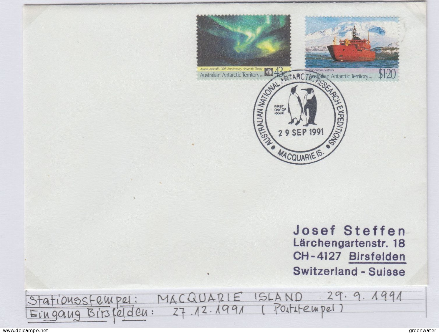 AAT Aurora Australis 2v Ca Macquerie 29 SEP 1991 (AS164B) - Brieven En Documenten