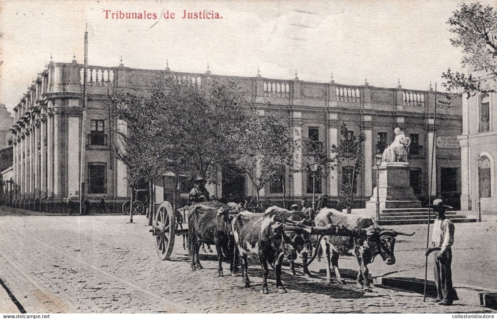 SANTIAGO DEL CILE - SANTIAGO - CILE - TRIBUNALES DE JUSTICIA - CARTOLINA FP SCRITTA - ANIMATA - CARRO DI BUOI - Chili