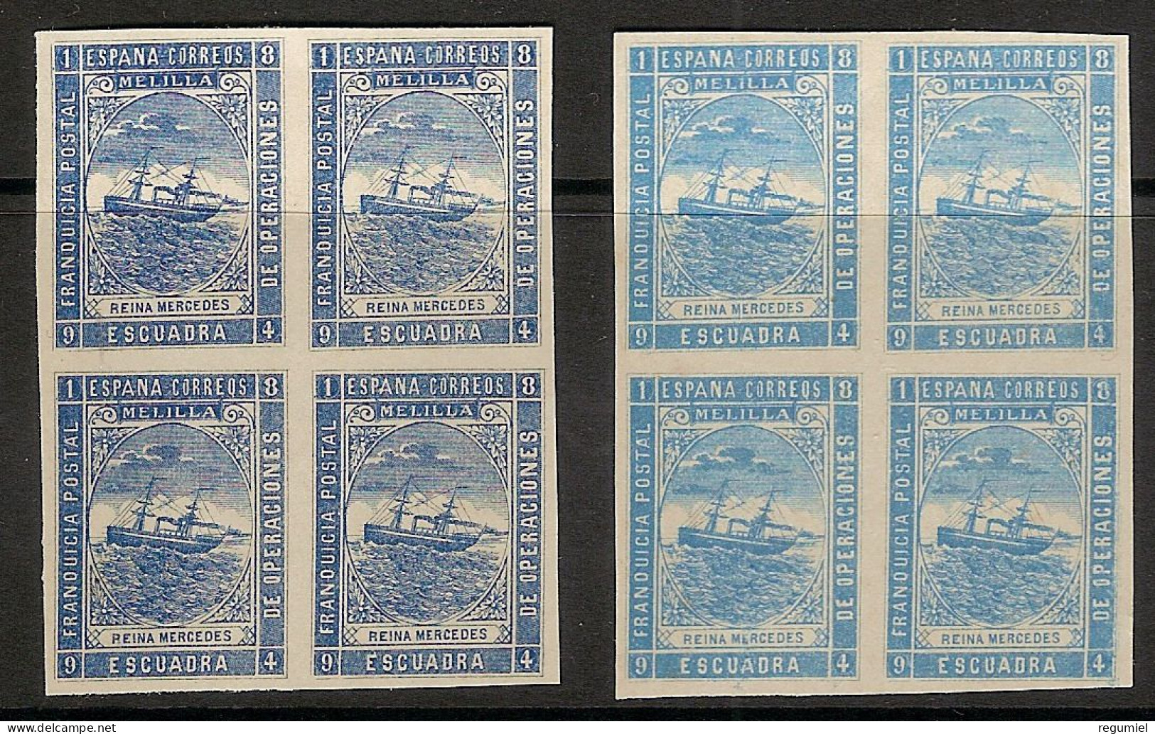 Franquicia Militar Melilla 10s (*)  Marina De Guerra. 1894. Bloques De 4 Variedad De Color - Militaire Vrijstelling Van Portkosten