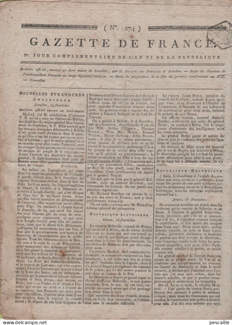 GAZETTE DE FRANCE 1er JOUR COMPLEMENTAIRE AN 6 - IRLANDE - GENES - AARAU - BELLINZONE - APPENZELL - NELSON EGYPTE - FETE - Kranten Voor 1800