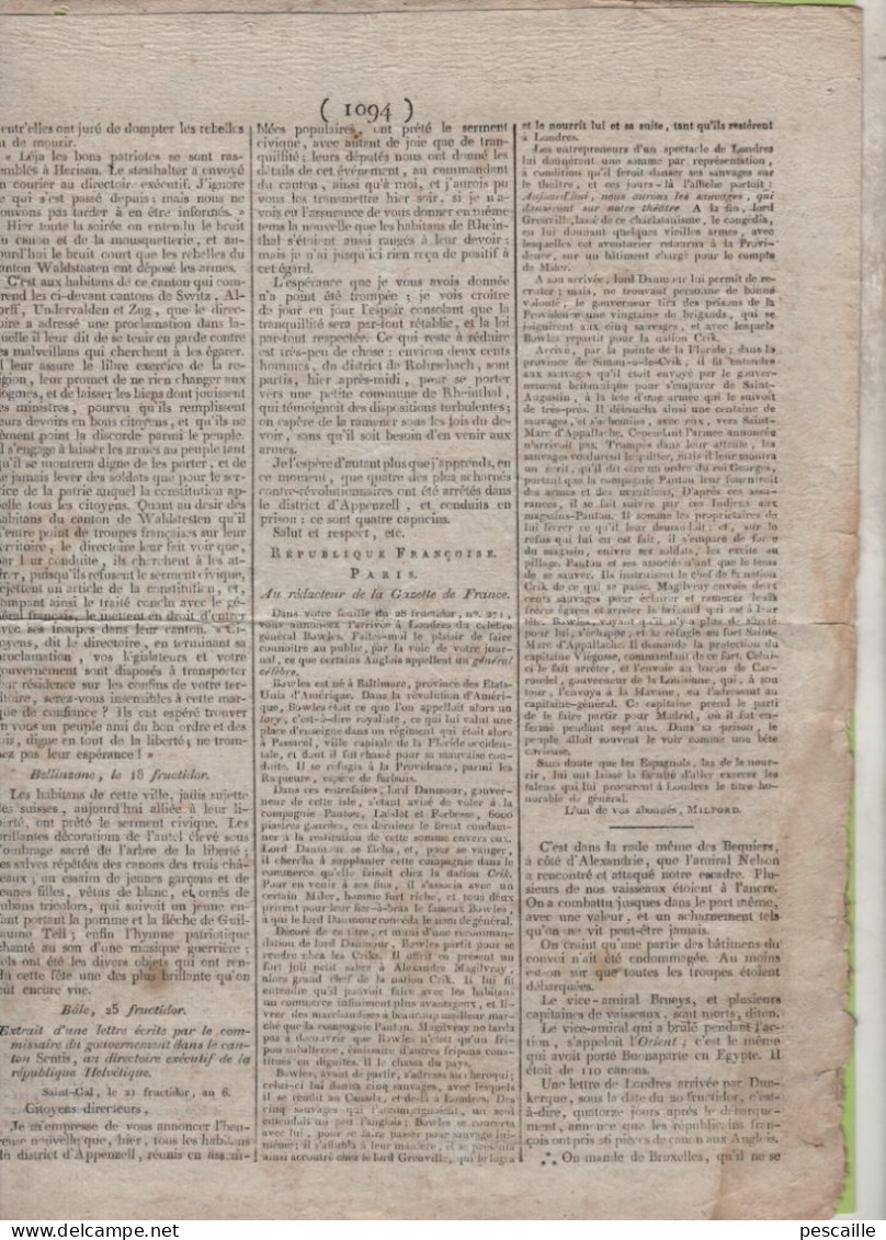 GAZETTE DE FRANCE 1er JOUR COMPLEMENTAIRE AN 6 - IRLANDE - GENES - AARAU - BELLINZONE - APPENZELL - NELSON EGYPTE - FETE - Zeitungen - Vor 1800